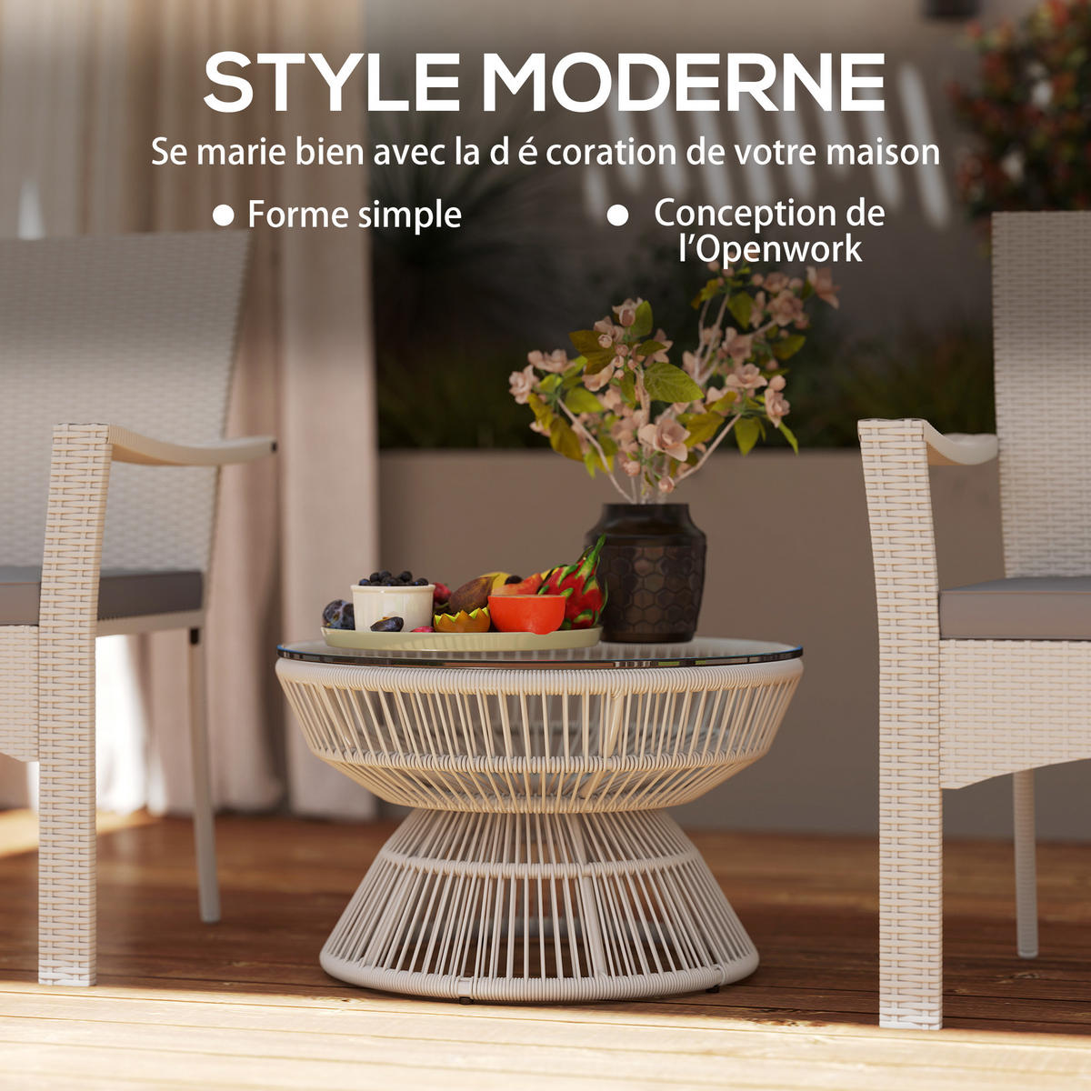 GARTENBEISTELLTISCH DE-13612 rund mit Glasplatte Natur - Hellgrau, Kunststoff/Metall (60/60/37cm) - ComfortXL