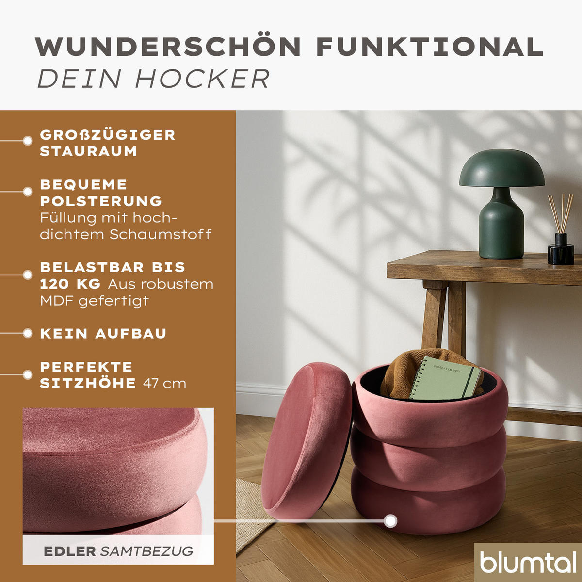 SAMTHOCKER mit Stauraum Rund – Samt Pouf Rosa (42x42x47 cm) - Rosa, Textil (42/47/42cm) - Blumtal