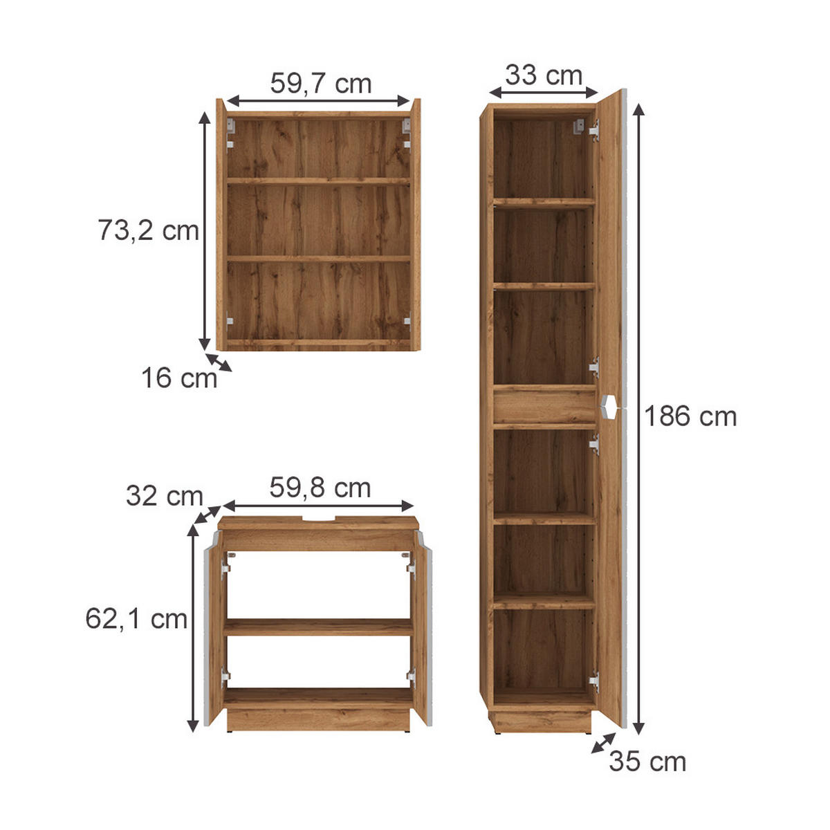 BADMÖBEL-SET Lotta Eiche/Grau mit Kachelstruktur 3 Teile - Grau, Holzwerkstoff (59.8/62.1/32cm) - Vicco