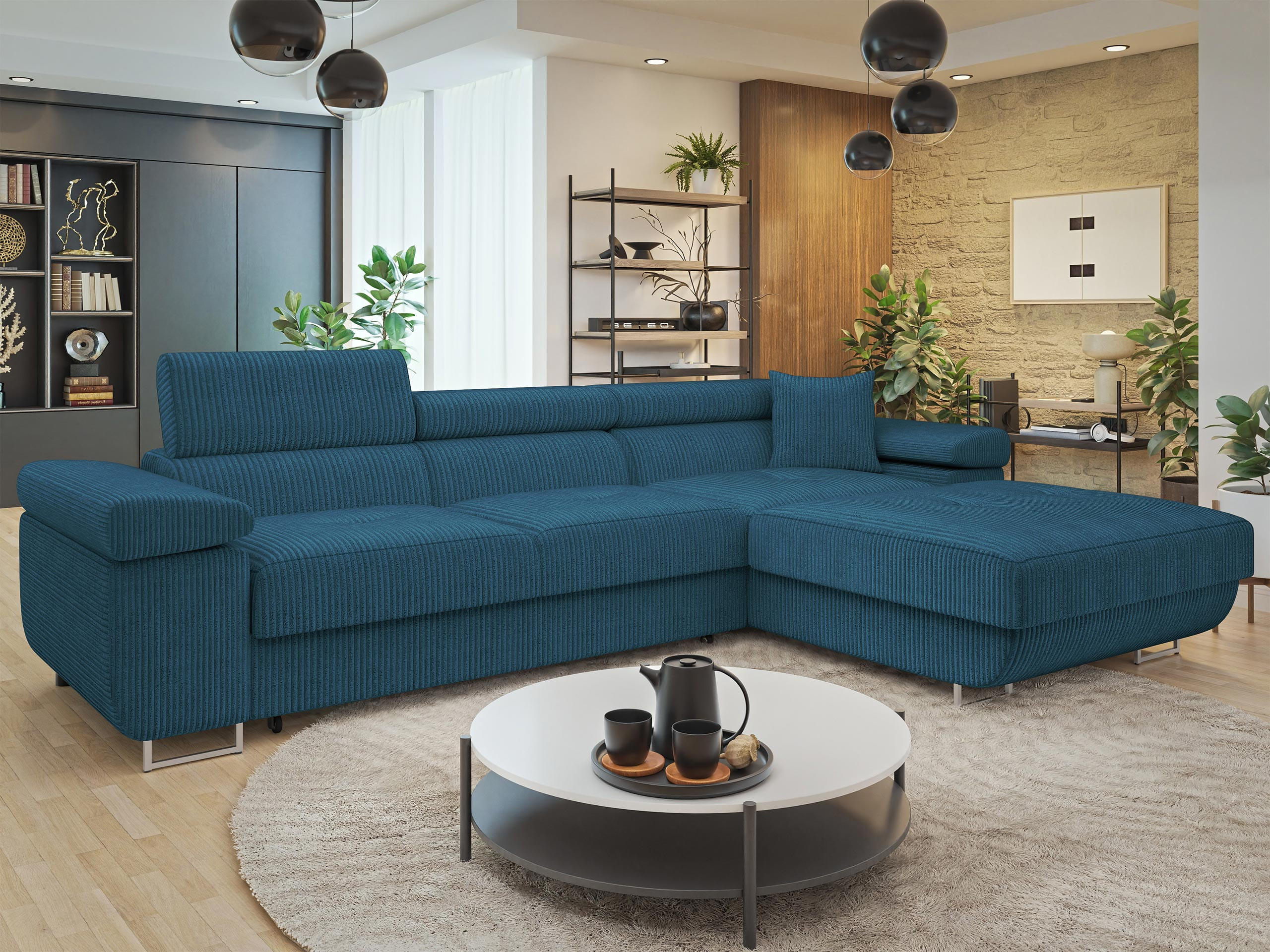ECKSOFA Torezio Mini Cord, Seite: Rechts - Blau, Holz/Textil (280/170cm) - MIRJAN24