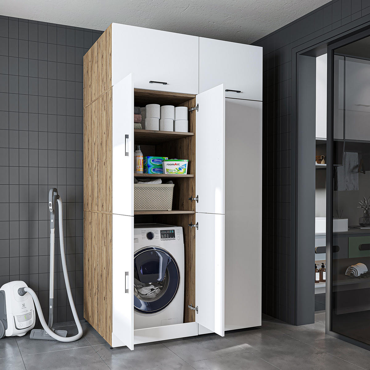 WASCHMASCHINENSCHRANK DORA-II 130cm Breit, 230cm Hoch - Eiche Bianco, Holzwerkstoff (130/230/73.8cm)