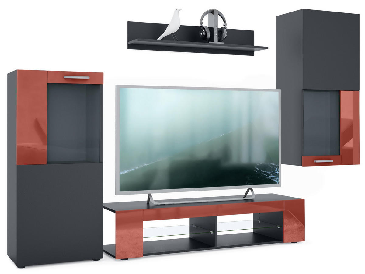 WOHNWAND Movie Absetzungen in Bordeaux Hochglanz - Bordeaux, Holzwerkstoff (300/190/39cm) - Vladon