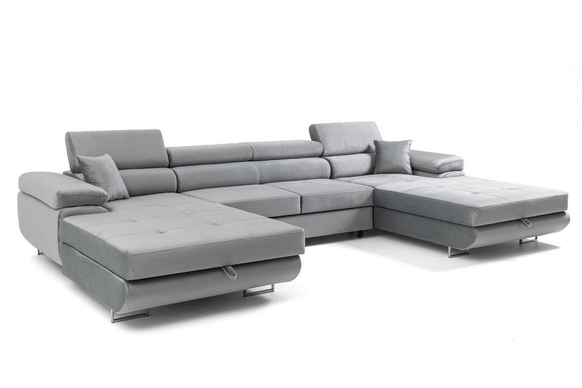 ECKSOFA U-Form ALONZO U mit Schlaffunktion 130x280 Velours Hellgrau - Silberfarben/Hellgrau, Holz/Textil (350/90/203cm) - Muffo
