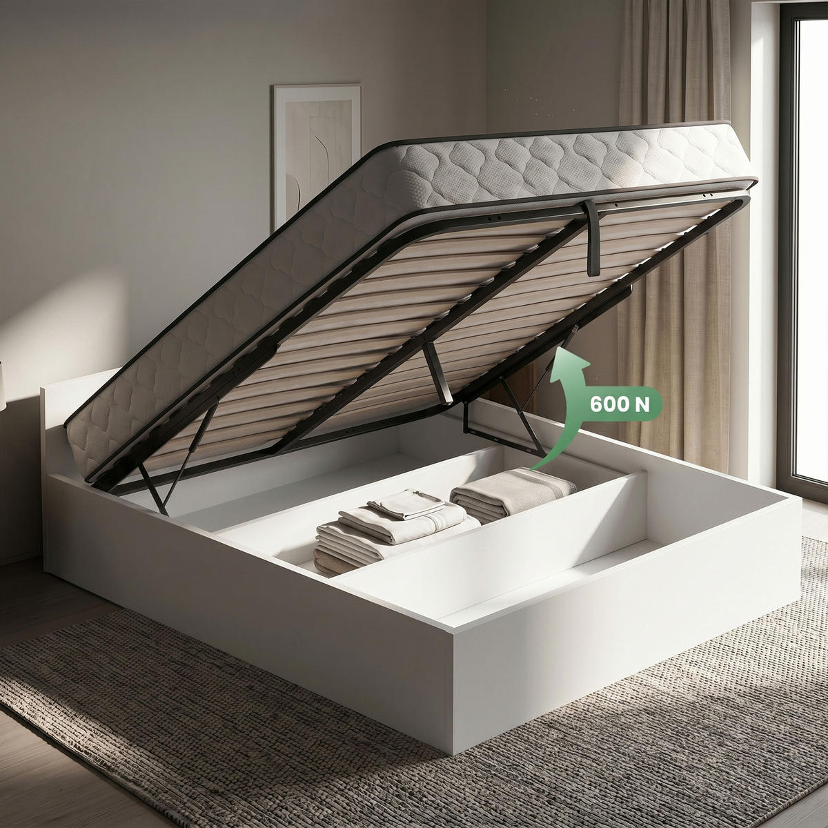 BETT mit Bettkasten 160x200 cm Metalllattenrost und Federkernmatratze Weiß - Weiß, Holzwerkstoff (160/200cm) - Akord