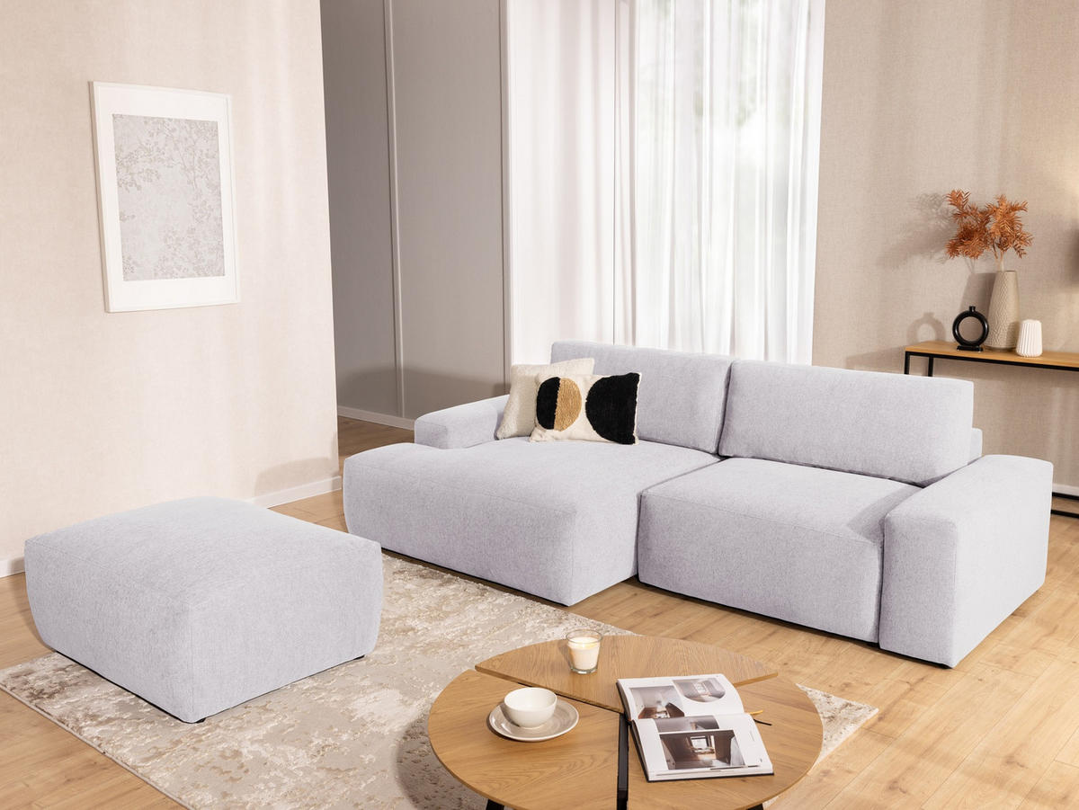 ECKSOFA inkl. Hocker Lennon aus Greige Strukturstoff mit Schlaffunktion und Bettkasten - Greige/Schwarz, Holz/Kunststoff (137/264cm) - S-Style