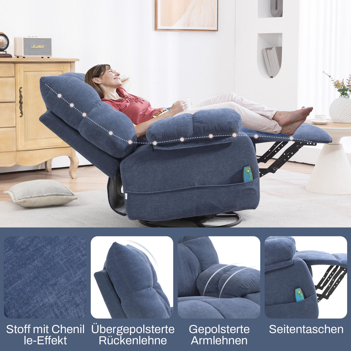 RELAXSESSEL mit Massagefunktion, Elektrisch Fernsehsessel mit Wärmfunktion - Blau/Schwarz, Textil/Metall (90/98/98cm) - HOMCOM