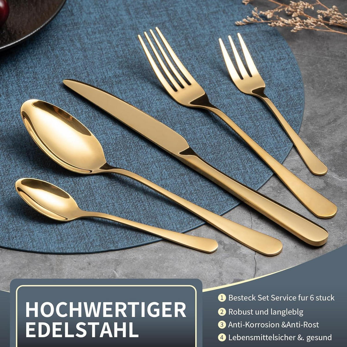 BESTECKSET 30-teiliges Set Edelstahl Gold Spiegelpoliert für 6 Personen - Goldfarben, Metall