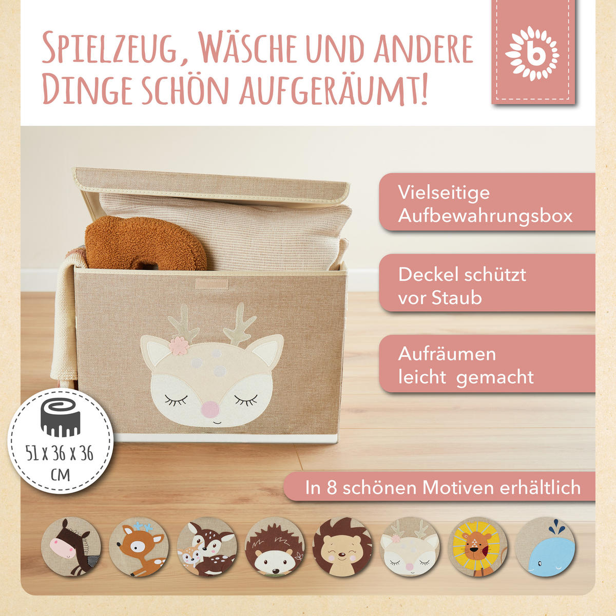 AUFBEWAHRUNGSBOX mit Deckel 65L, faltbar - Beige, Textil (51/36cm) - Bieco Spielwaren