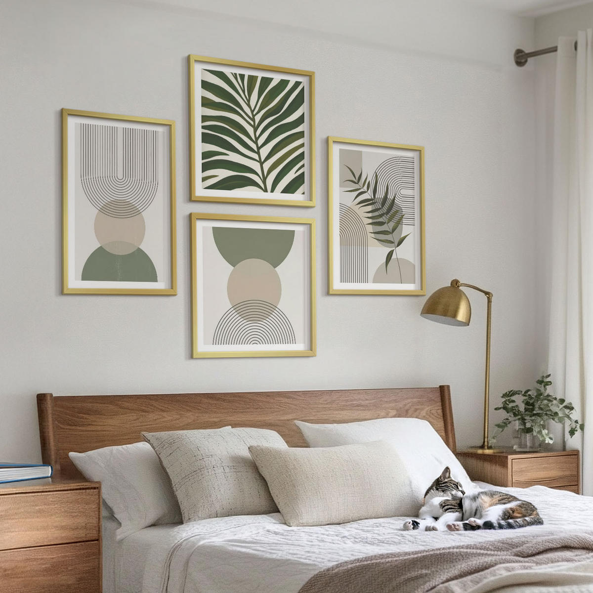 WANDBILDER 4er Set - 50x50 cm & 40x60 cm Goldrahmen - Abstrakte Blätter im Boho-Stil - Goldfarben, Kunststoff (50/50cm) - ArtPrintCave