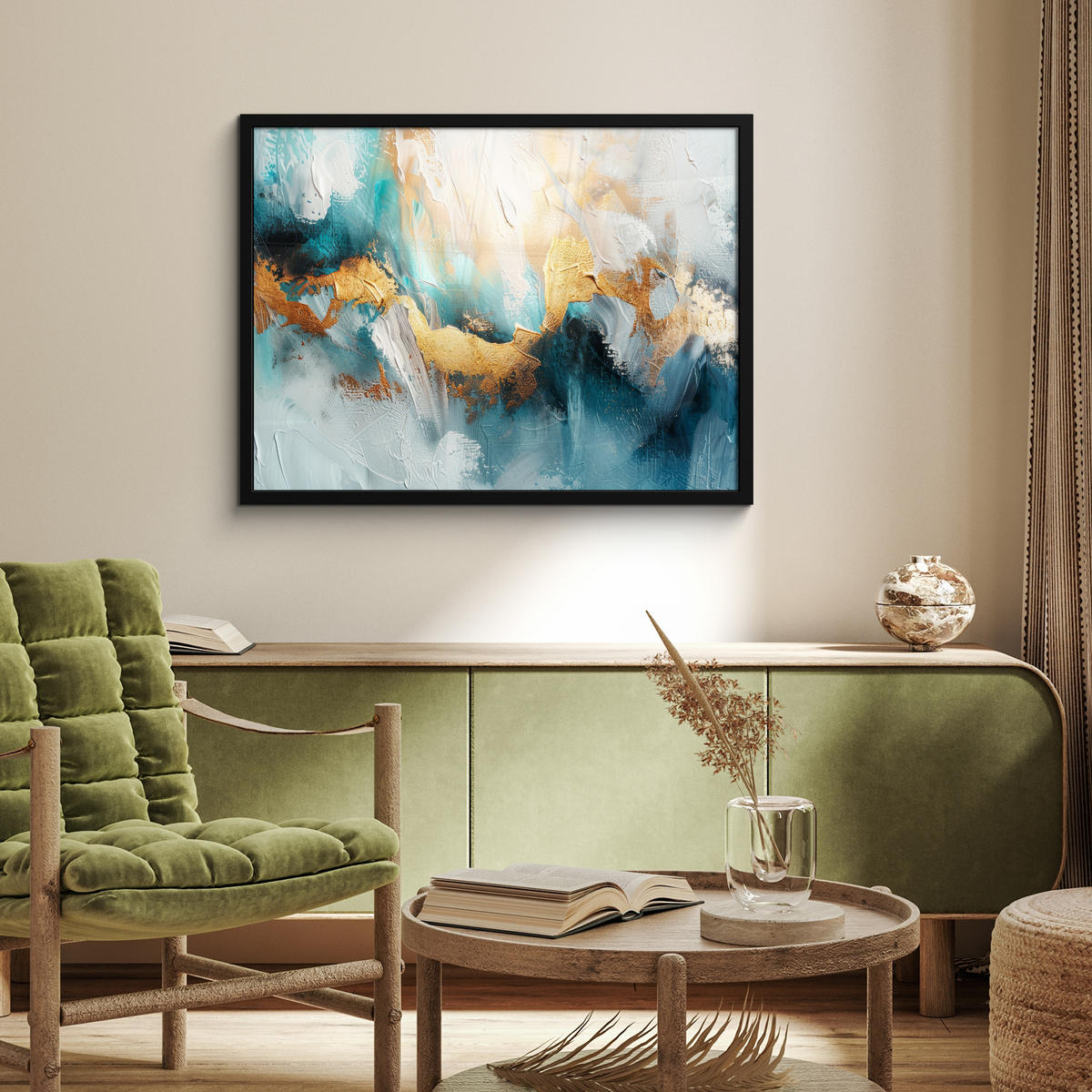 ZARÁMOVANÝ PLAGÁT Abstraktné - umenie - zlaté - modré 80x60 cm - petrolejová, papier (80/60cm) - MuchoWow