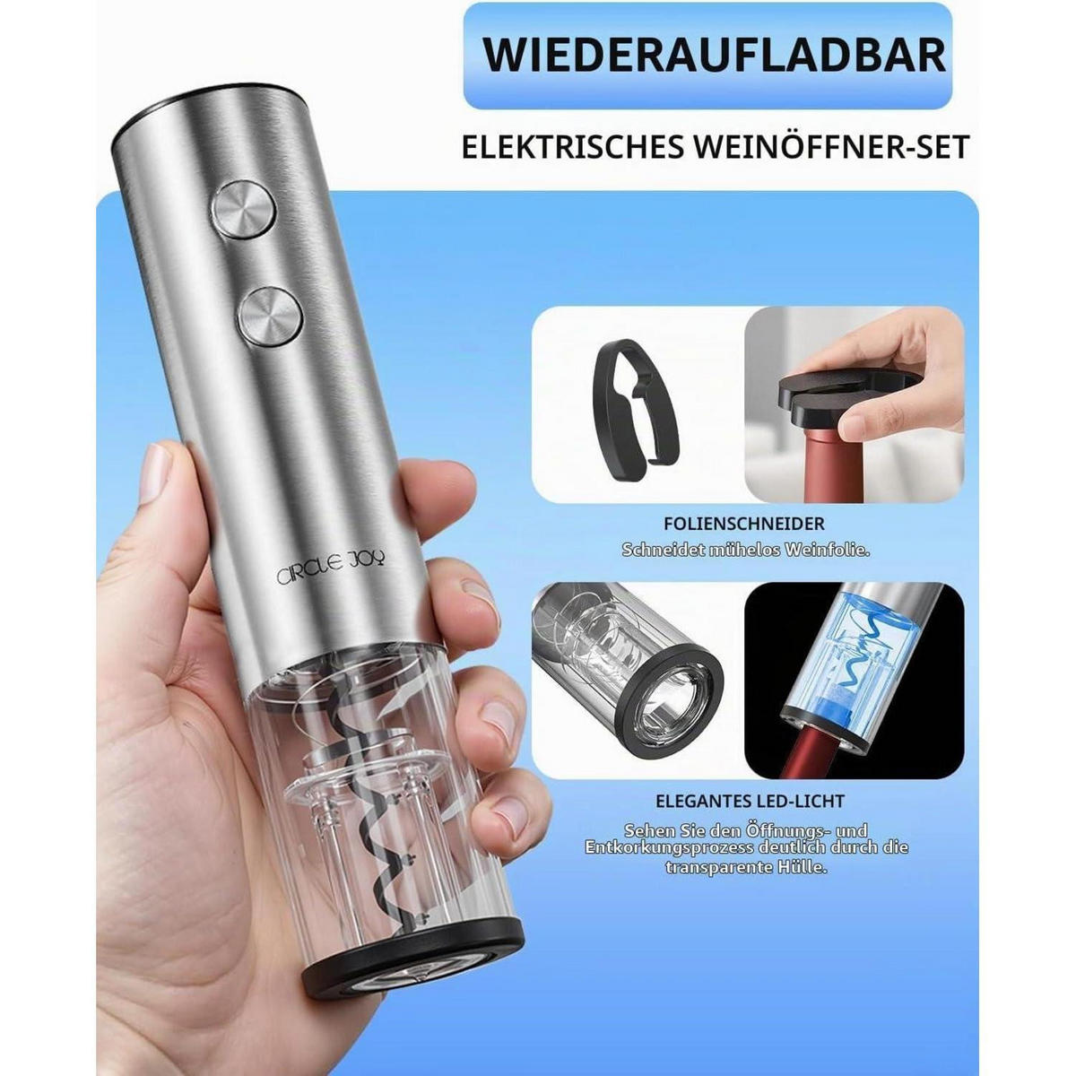 ELEKTRISCHER Weinflaschenöffner mit Folienschneider und LED-Licht, wiederaufladbar, silber - Silberfarben, Metall (24.5cm)