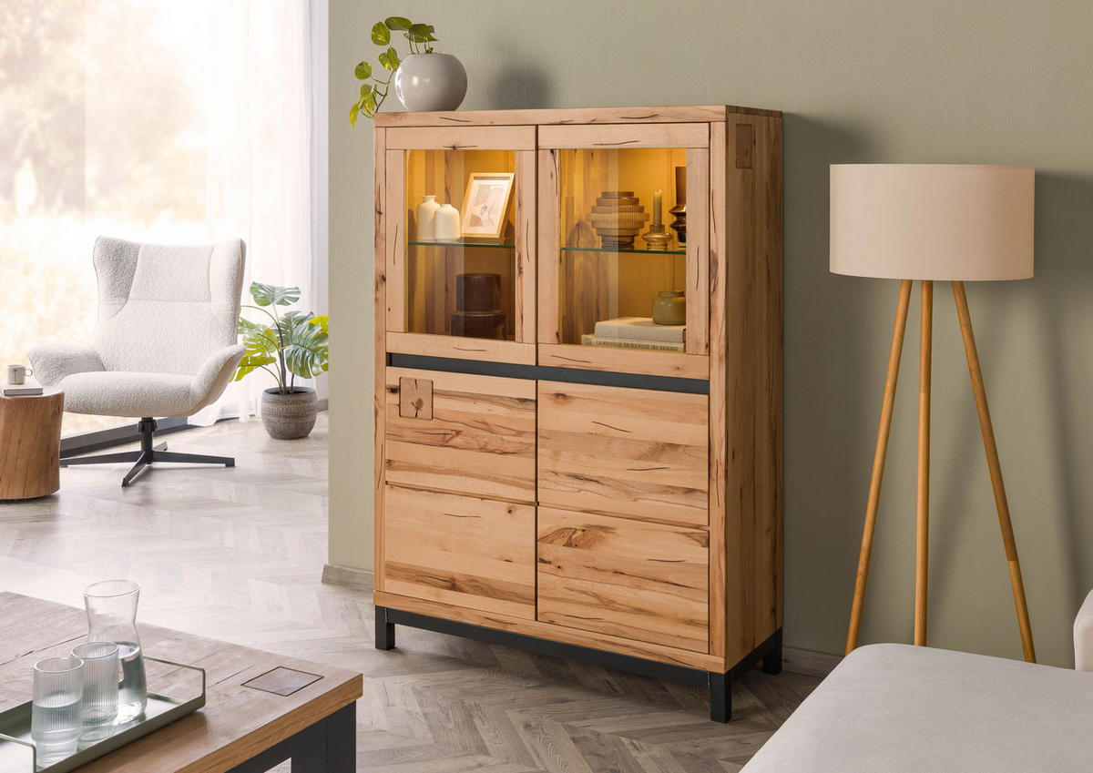 VITRINE Kernbuche 103x40x148 natur geölt VILLANDERS #102 - Braun, Holz (103/148/40cm) - Massivmoebel24