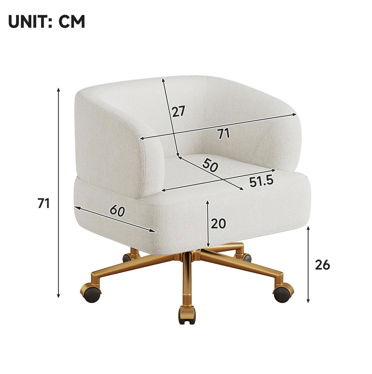DREHSTUHL Chenille mit 360°-Drehung, Rollen 71/60/71 cm Beige - Beige, Textil (60/71/71cm) - Redom