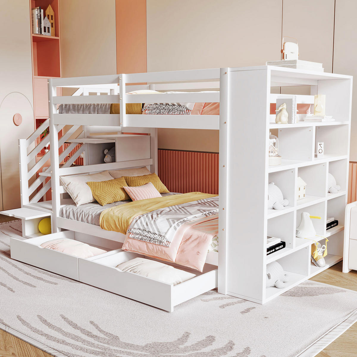 ETAGENBETT aus Kiefernholz 90x200 cm Weiß mit Sicherheitstreppe, Stauraum und Lattenrost - Weiß, Holzwerkstoff (90/200cm) - Modfu
