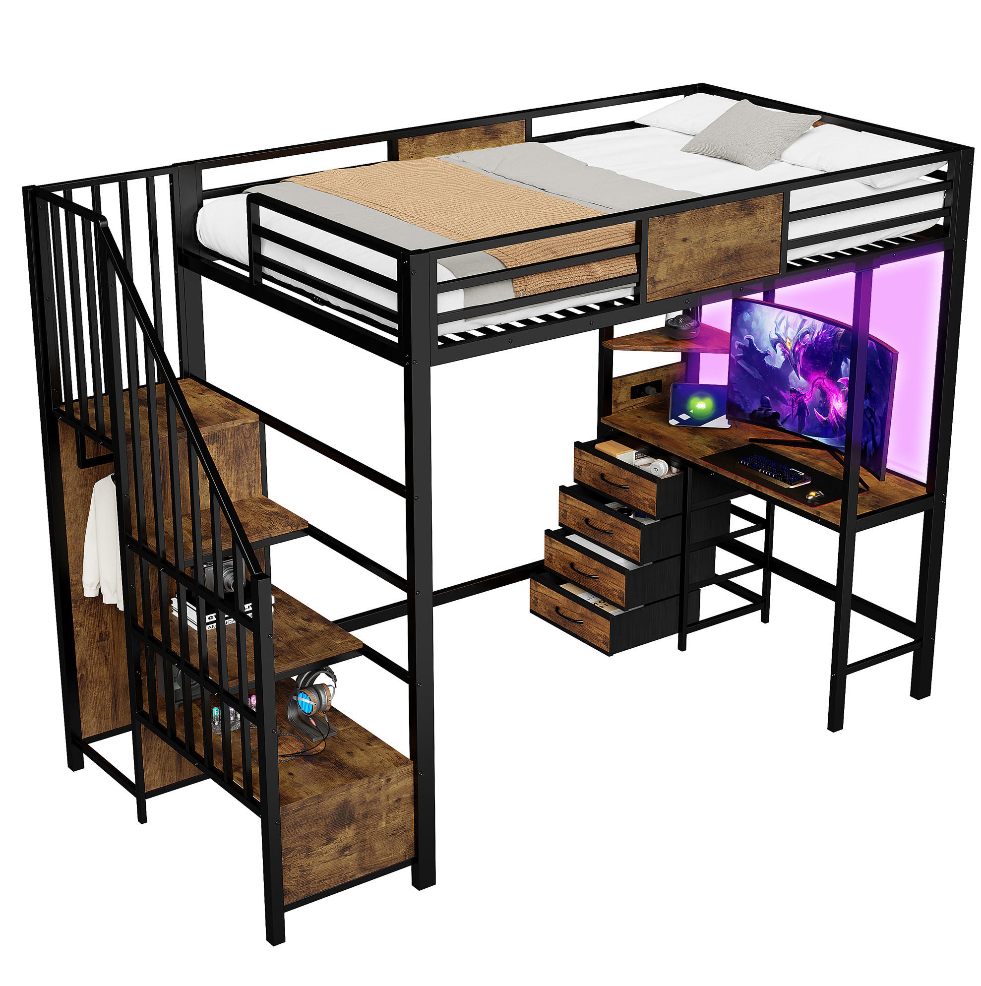 HOCHBETT 90/200 cm aus Metall mit Schreibtisch, Ablagen, Kleiderstange, LED und Steckdose, Schwarz - Schwarz, Metall (90/200cm) - Redom