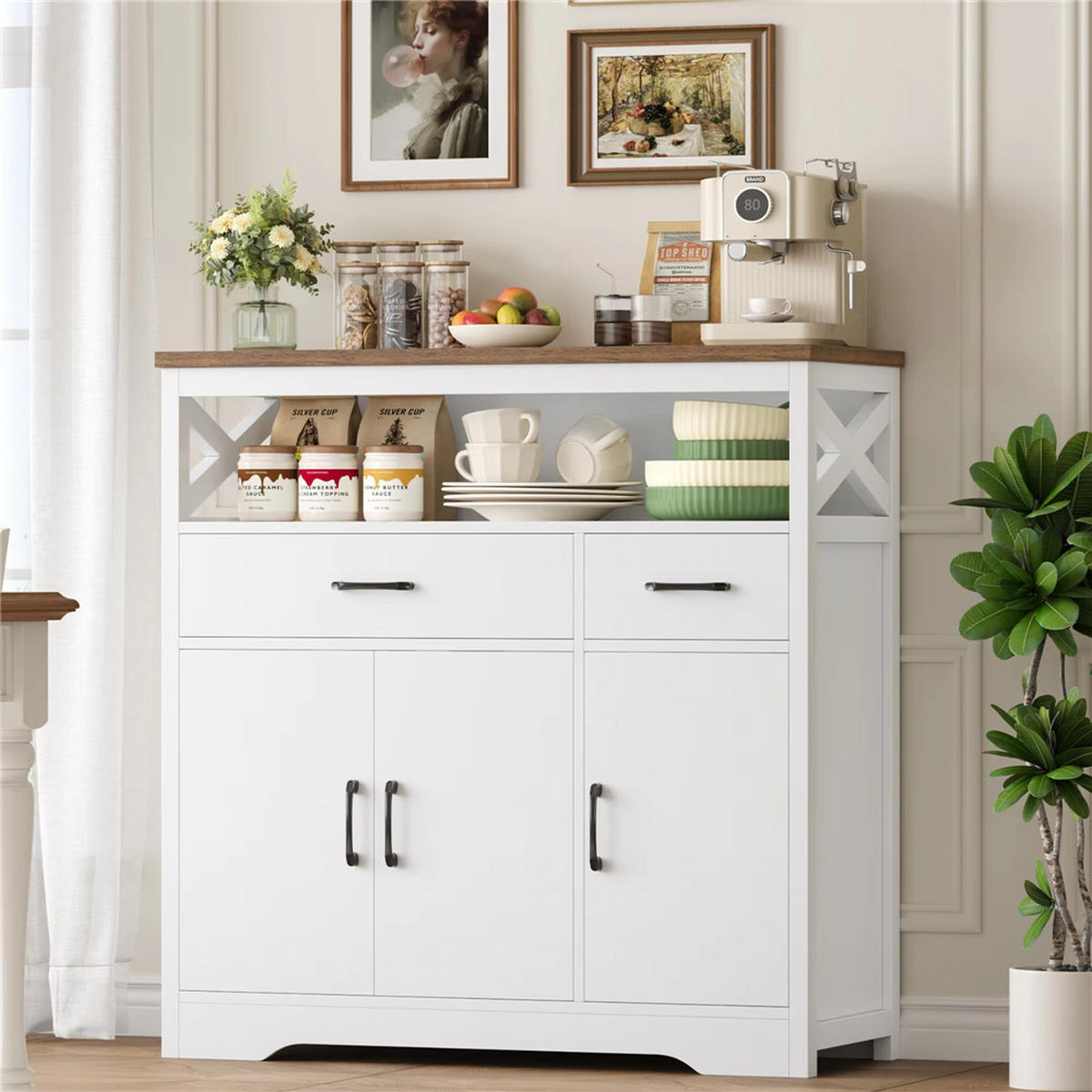 SIDEBOARD 105x100x39,5 cm Küchenschrank mit 2 Schubladen - Weiß, Holz (105/100/39.5cm) - Coonoor