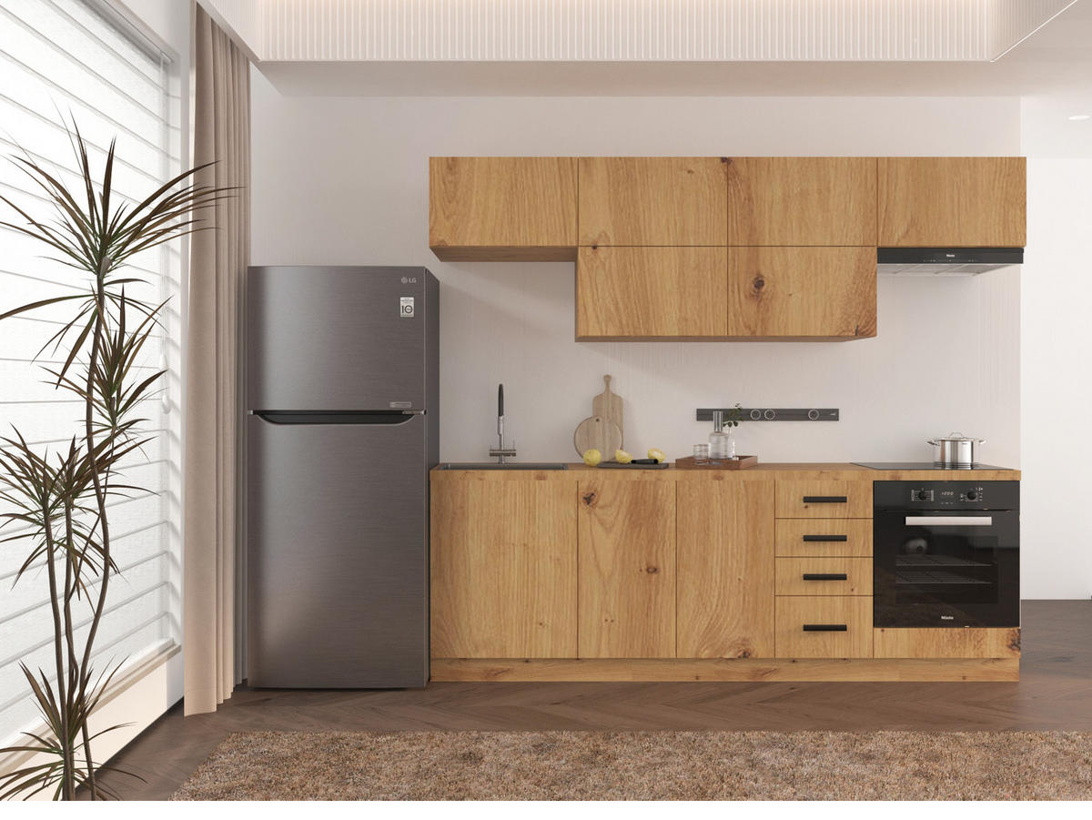 KÜCHENZEILE 240 - Langen KL2-M240 in Artisan Eiche - Schwarz/Eiche Artisan, Holz/Metall (240/212/58cm)