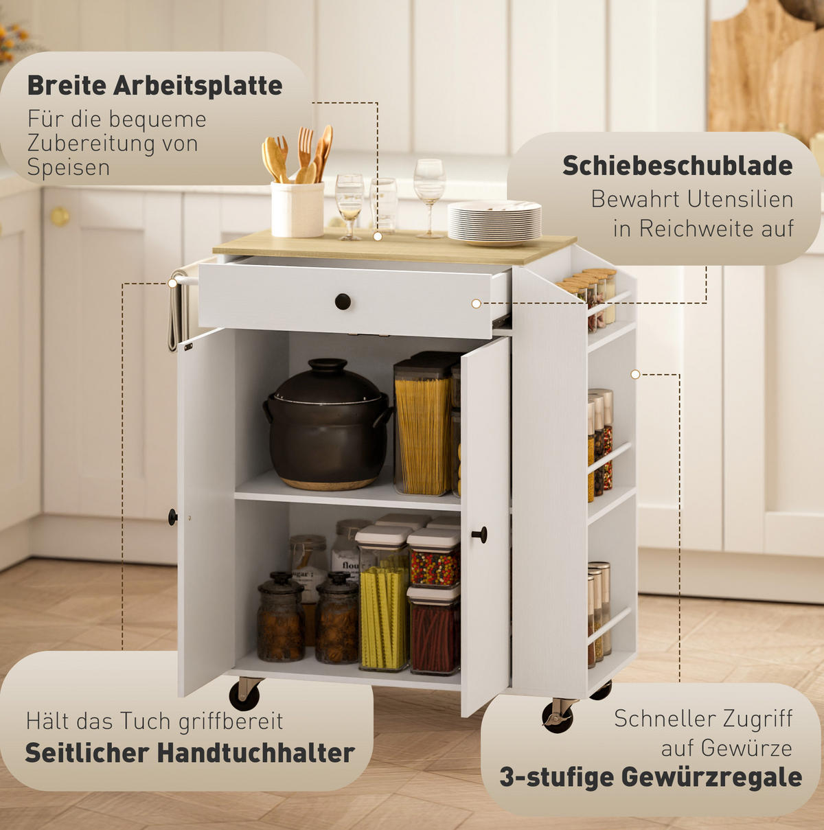 KÜCHENWAGEN in Weiß mit Gewürzregalen, Schrank und Rollen,86.5/38/82 cm - Weiß, Holzwerkstoff (82/86.5/38cm) - Flora Grace