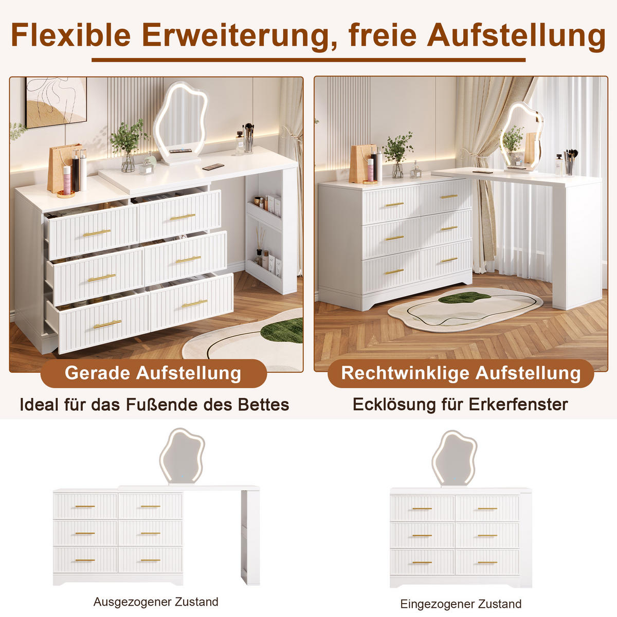 SCHMINKTISCH Drehbar L-Form Weiß Gold LED-Spiegel 6 Schubladen - Weiß, Holzwerkstoff (110/129/40cm) - Urban Meuble