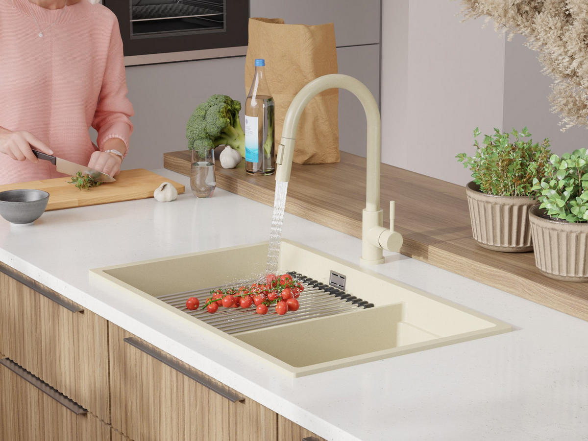 GRANITSPÜLE Praga Slim Duo, 2-er set Beige 76/47 cm 2 Becken + Küchenarmatur 32/20 cm + Ablauf-Set + Aufrollbare Abtropffläche ab 80er Unterschrank - Chromfarben/Beige, Kunststoff (76/20/47cm) - Primagran