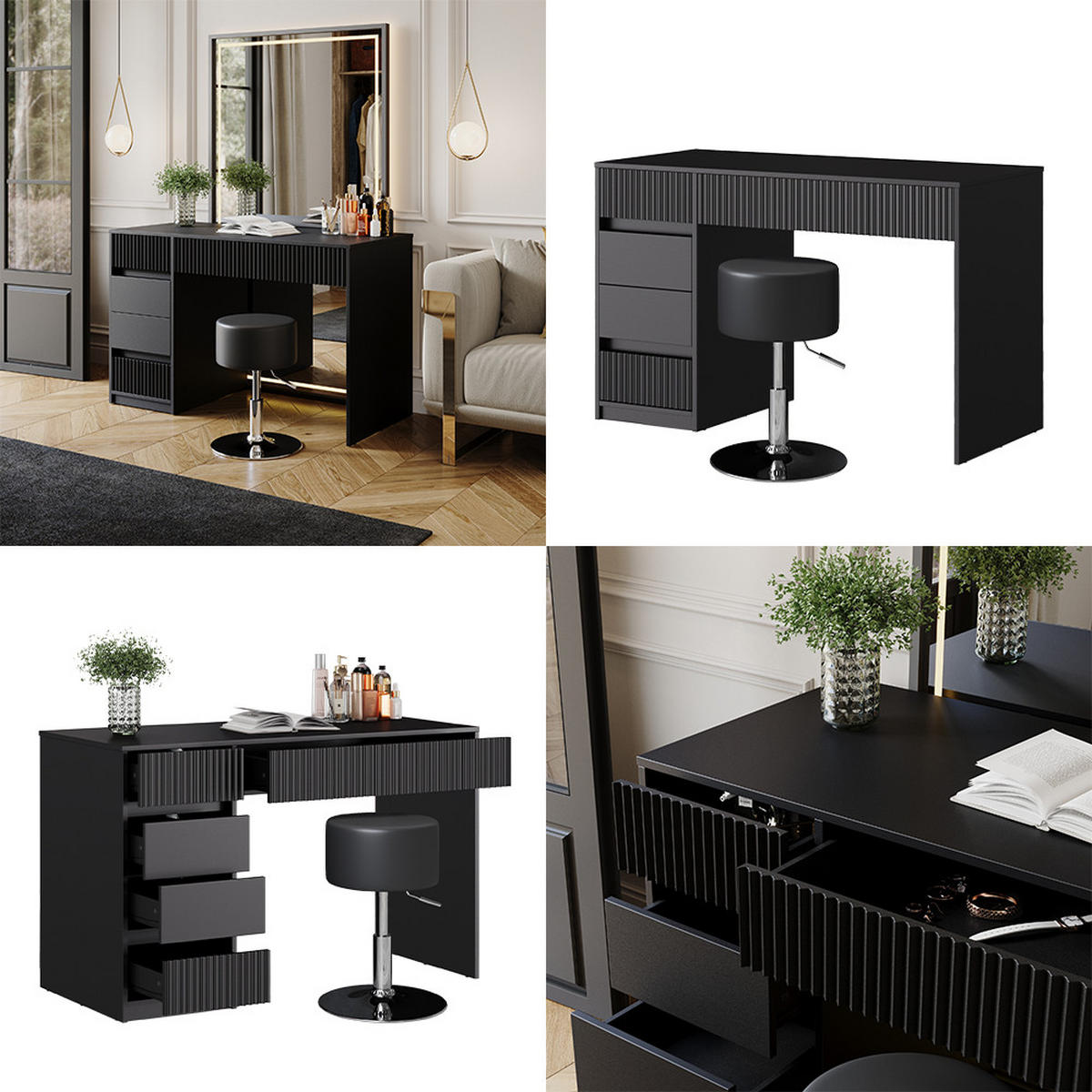 SCHMINKTISCH Omira Schwarz 120 cm mit Hocker - Schwarz, Holzwerkstoff (120/76/55cm) - Vicco