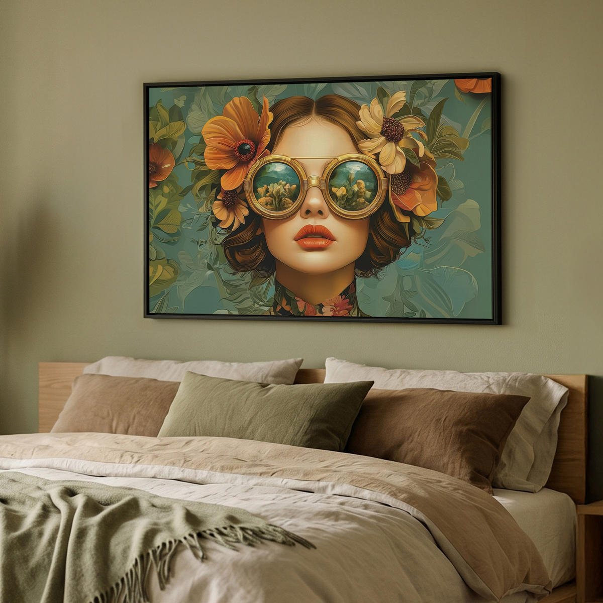 LEINWAND Bilder mit Rahmen - Frau - Blumen - Schmetterlinge - Natur - Vintage - 90x60 - Salbeigrün, Textil (90/60cm) - MuchoWow