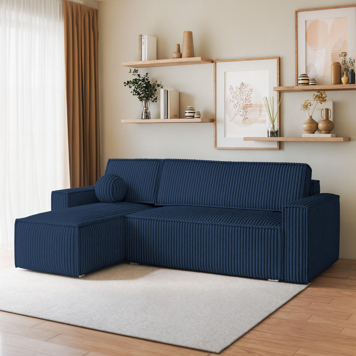 ECKSOFA RAVELO T Blau Kordstoff mit Schlaffunktion - Blau, Holz (240/140cm) - MASSENO