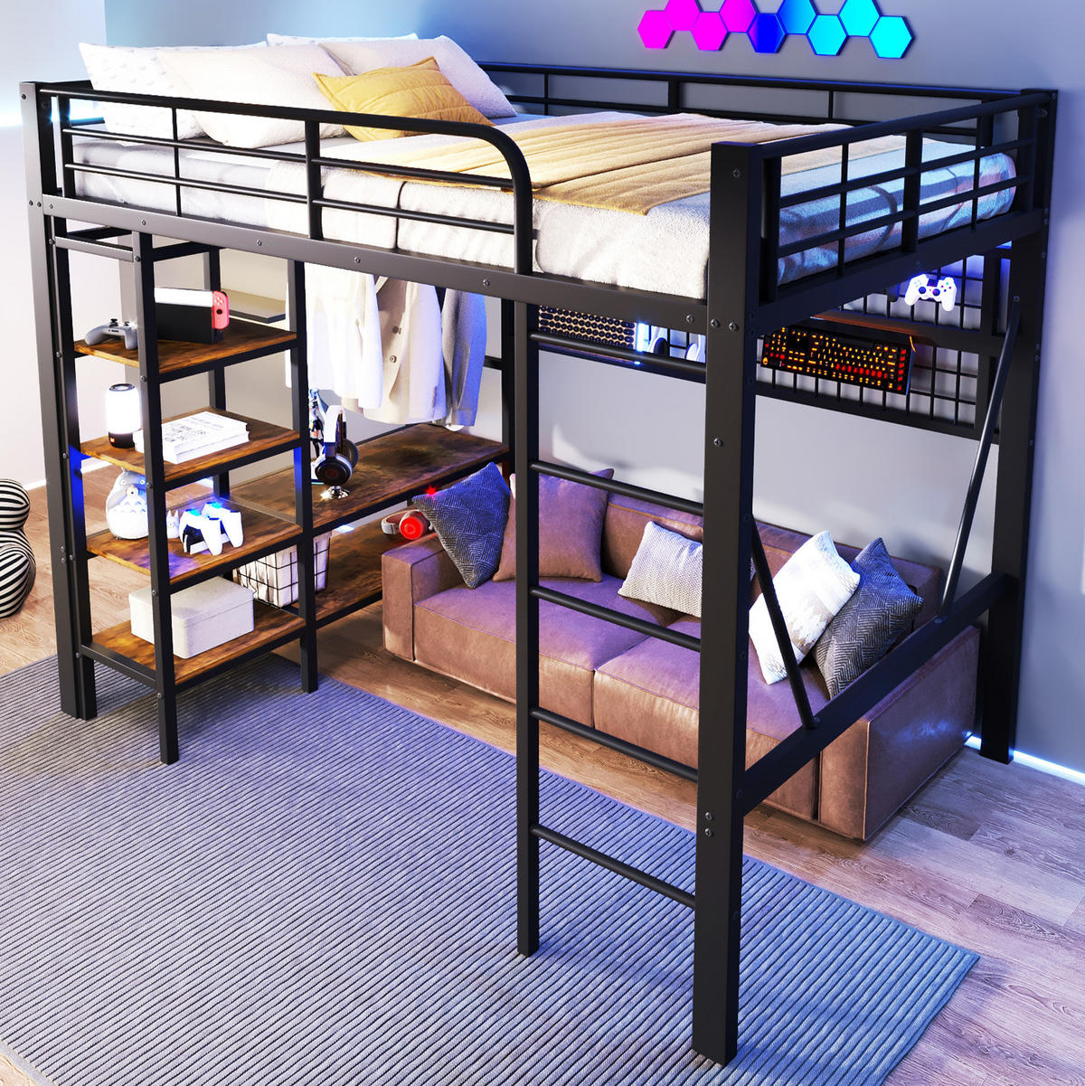 HOCHBETT 140/200 cm Schwarz mit LED-Lichtleiste und Ablagefach - Schwarz, Metall (140/200cm) - MIVRAY
