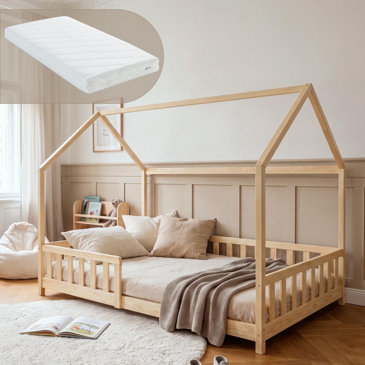 HAUSBETT Hesel mit Matratze - Naturfarben, Holz/Textil (140/200cm) - [en.casa]