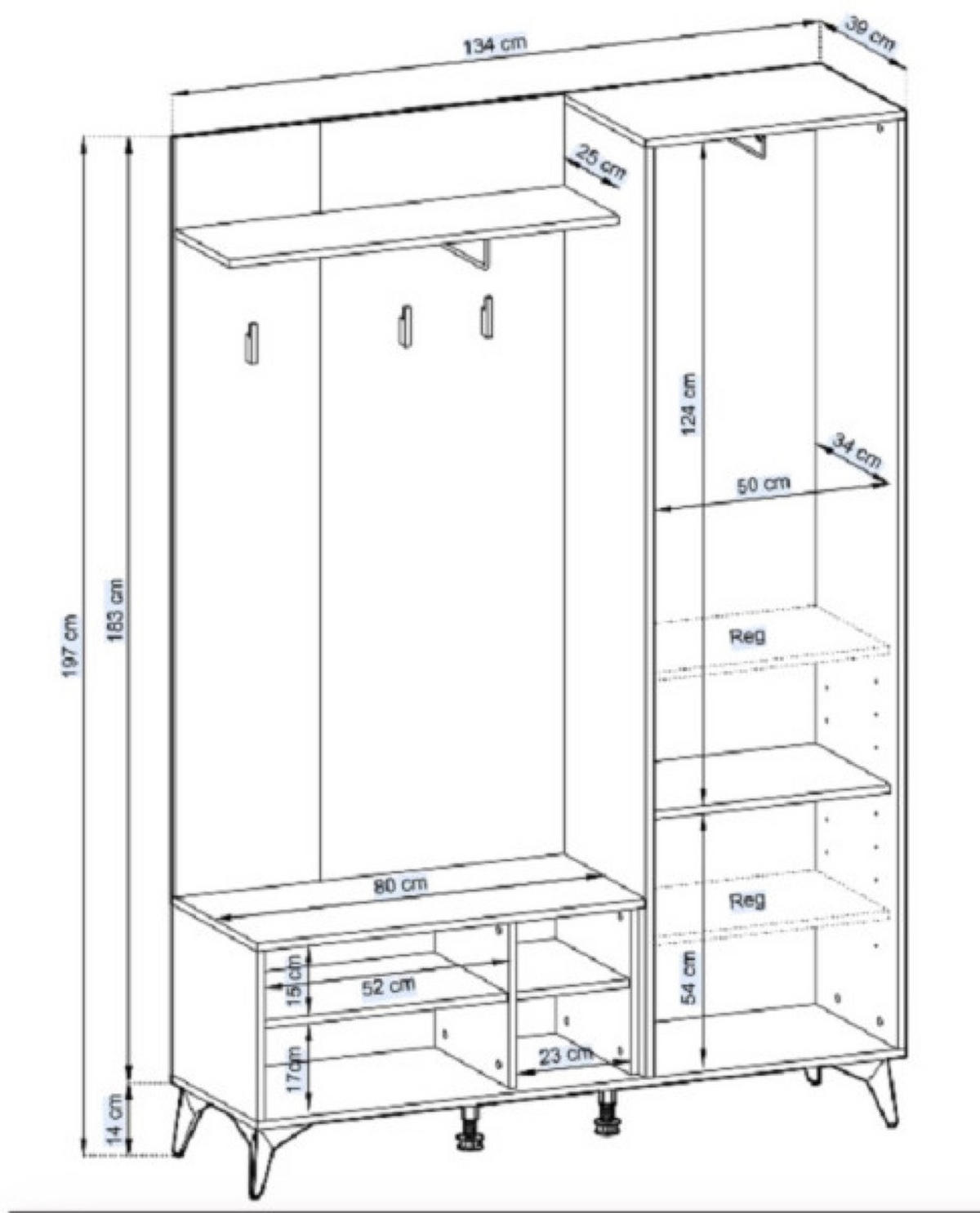 GARDEROBE Schwarz DIAMO Eiche Evoke Mit Spiegel Mit Regalen - Multicolor, Holzwerkstoff (134/197/39cm) - Sepro Meble
