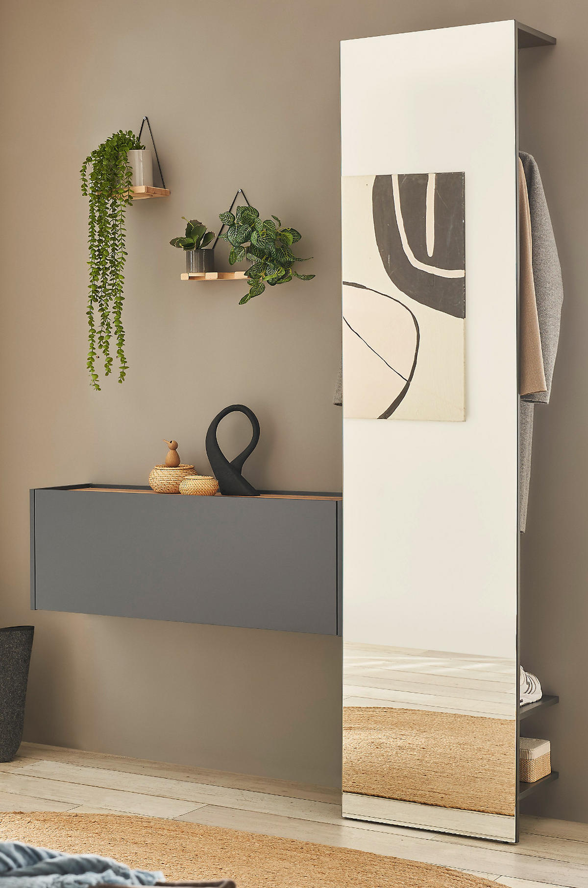GARDEROBEN-SET 2-teilig grau matt, Eiche Wotan 150 cm, Flurgarderobe mit Spiegel - Eiche Wotan/Grau, Glas/Holzwerkstoff (150/200/30cm) - Furn.Design