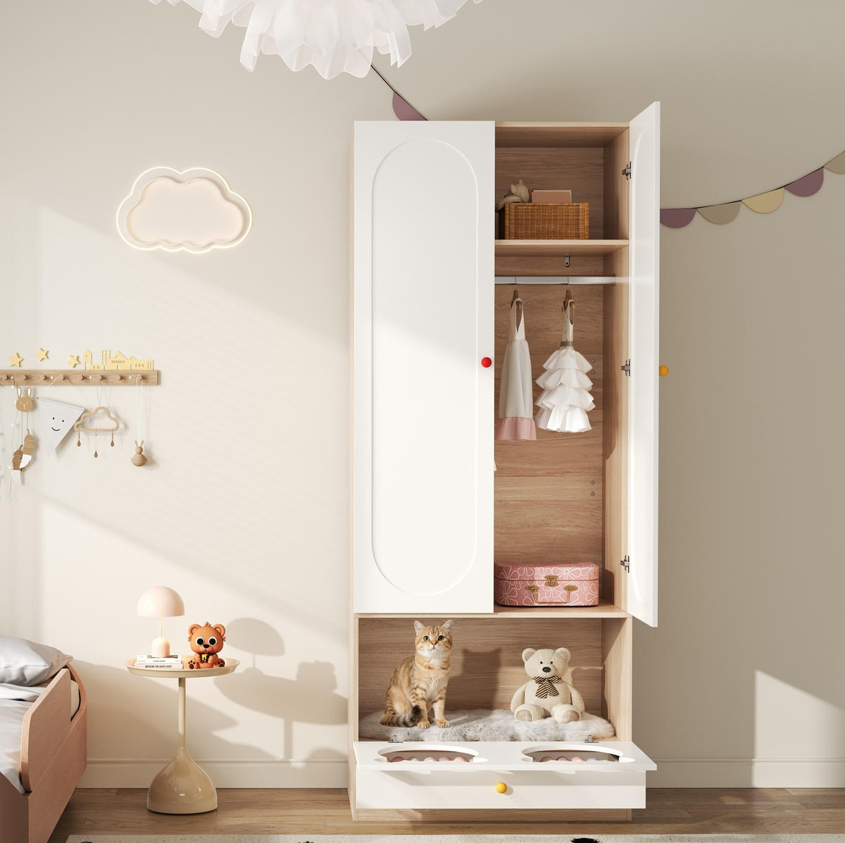KINDERKLEIDERSCHRANK aus MDF 80x50x200 cm Natur/Weiß mit Kleiderstange, offenen Fächern und Haustierbereich - Naturfarben, Holzwerkstoff (80/200/50cm) - Modfu