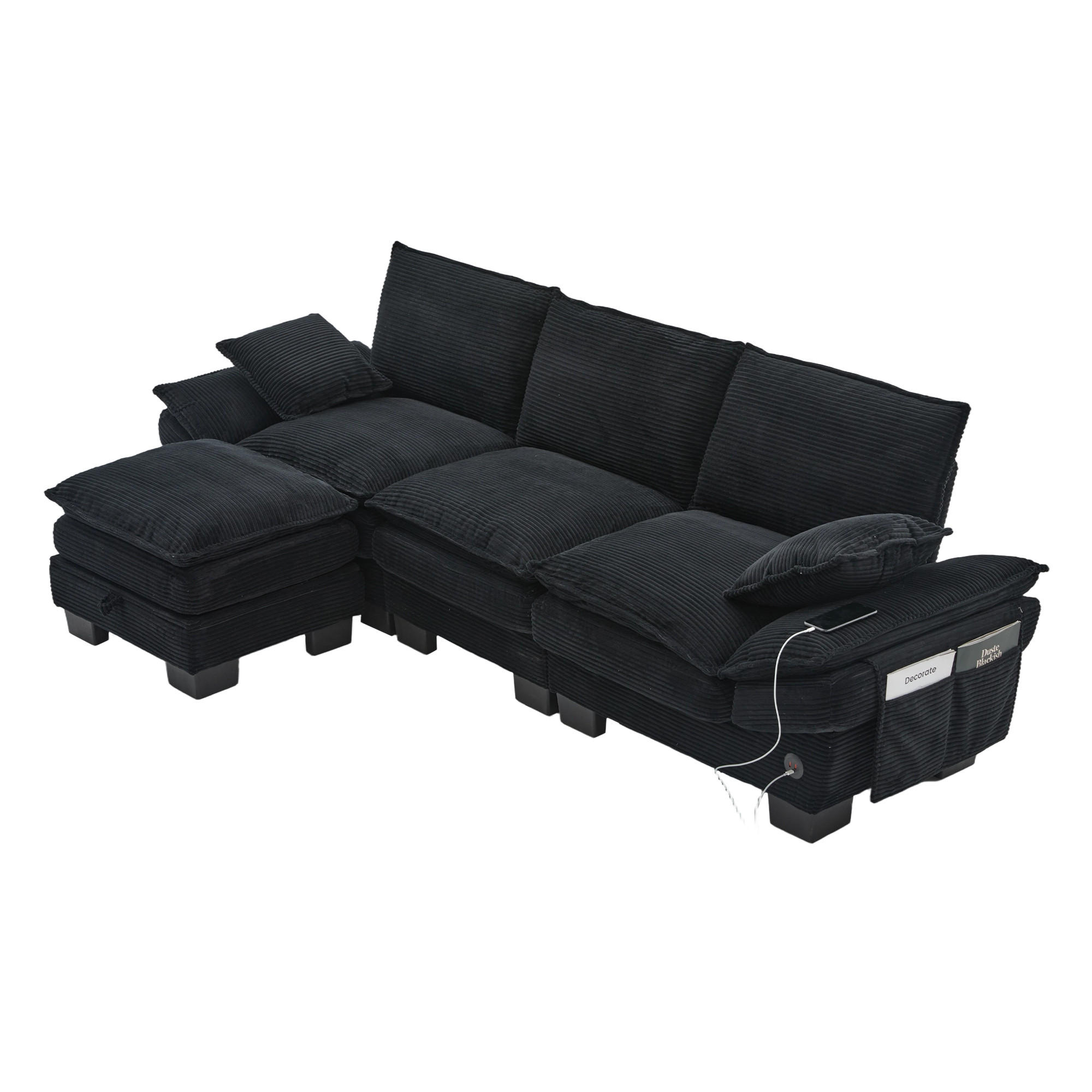 3-SITZER Sofa aus Cord 260x132x84 cm mit Hocker & USB-C, schwarz - Schwarz, Textil (132/84/260cm)