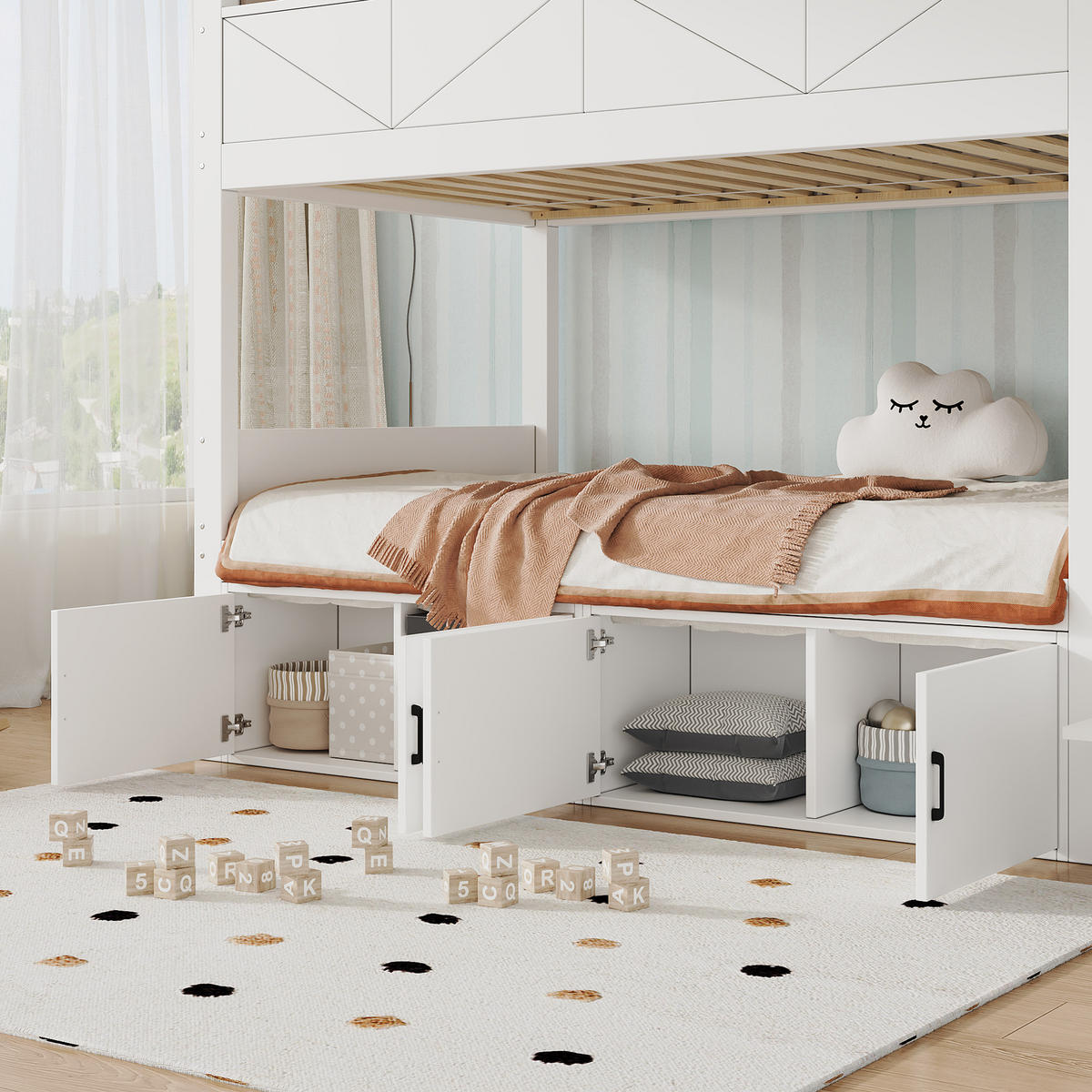 ETAGENBETT 90/200 cm in Weiß mit Stauraumtreppe, Schrankfächern, Ablage und Paneel-Design aus Massivholz und MDF - Weiß, Holzwerkstoff (90/200cm) - STILVORA