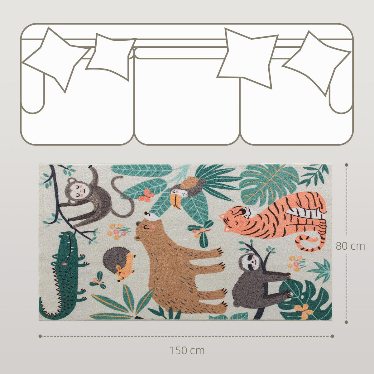 TEPPICH Anti-Rutsch Wohnzimmerteppich Kurzflor mit Dschungel-Muster Fleece-Optik - Multicolor, Textil (80/150cm) - HOMCOM