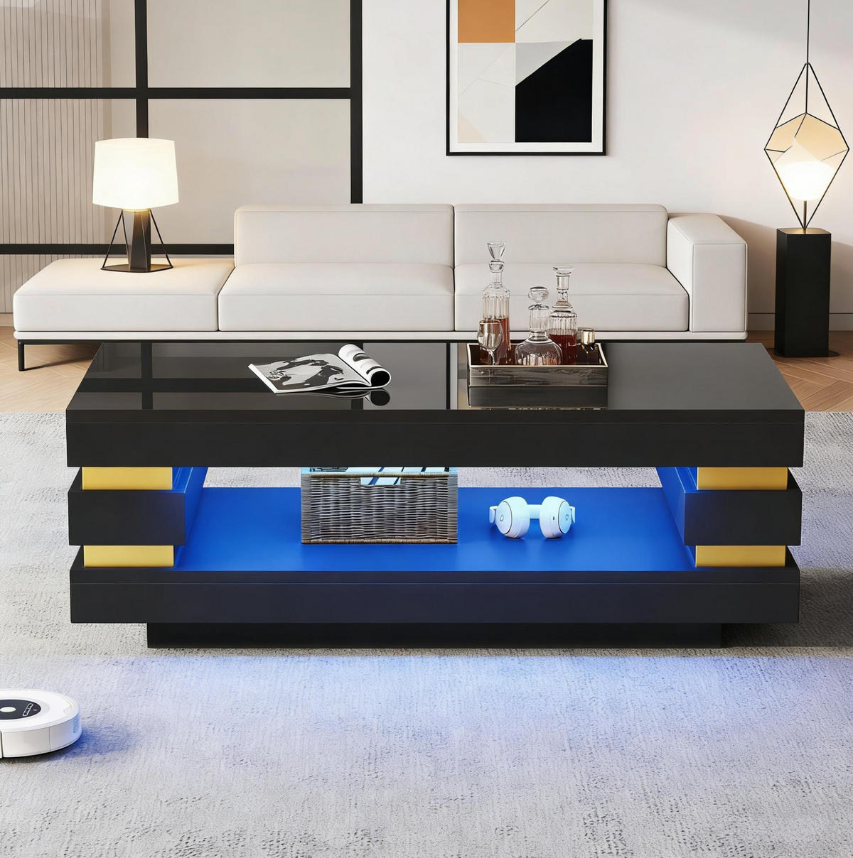 COUCHTISCH 100/50/35 cm mit LED-Beleuchtung, offenem Stauraum und Hochglanzoberfläche aus Spanplatte, Schwarz/Goldfarben - Schwarz, Holzwerkstoff (100/50/35cm) - Redom