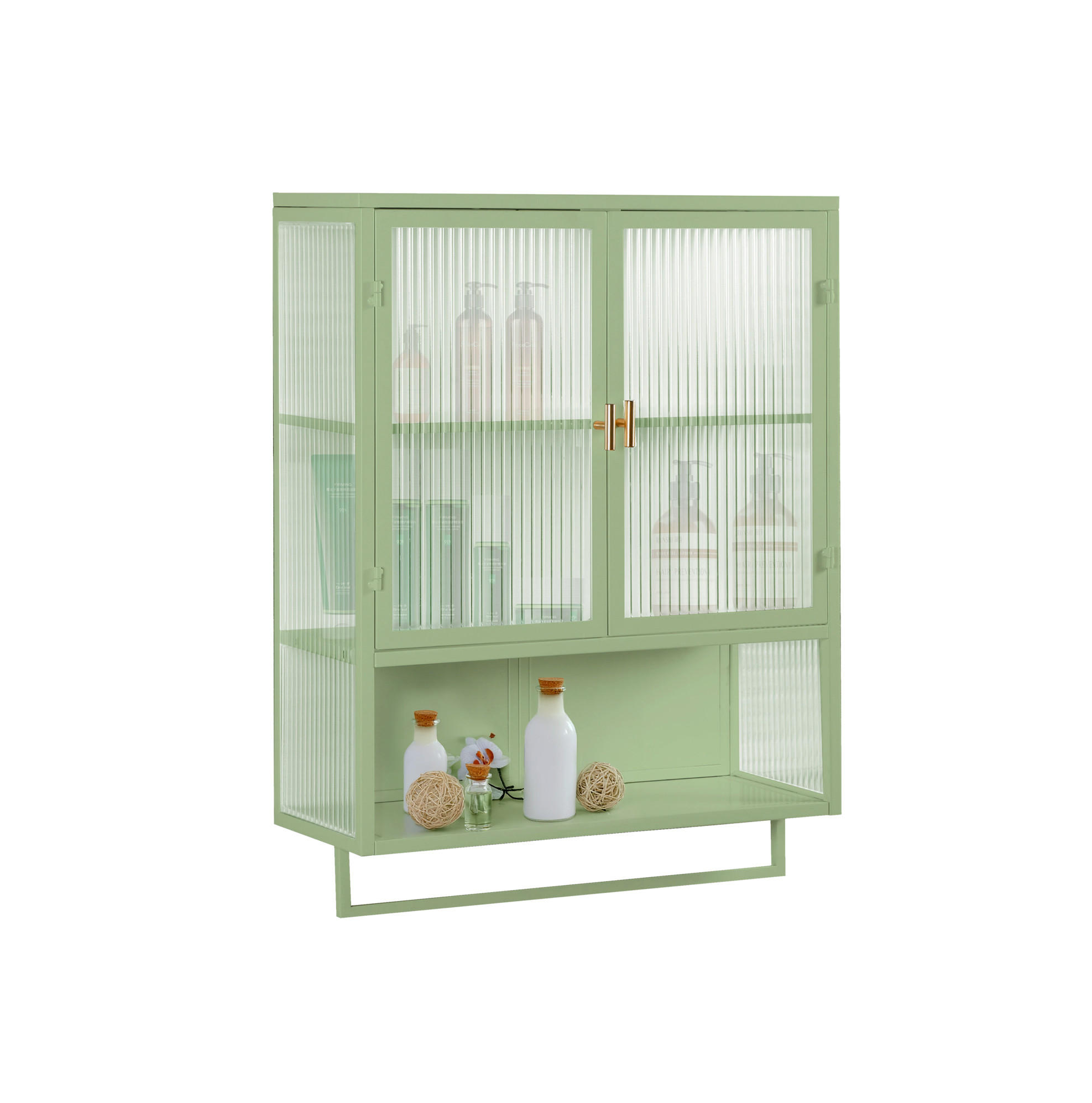 KÜCHENOBERSCHRANK 60/23/78 cm mit 2 Glastüren, offenem Fach und Handtuchhalter aus Glas und Metall, Grün - Grün, Glas (60/78/23cm) - Redom