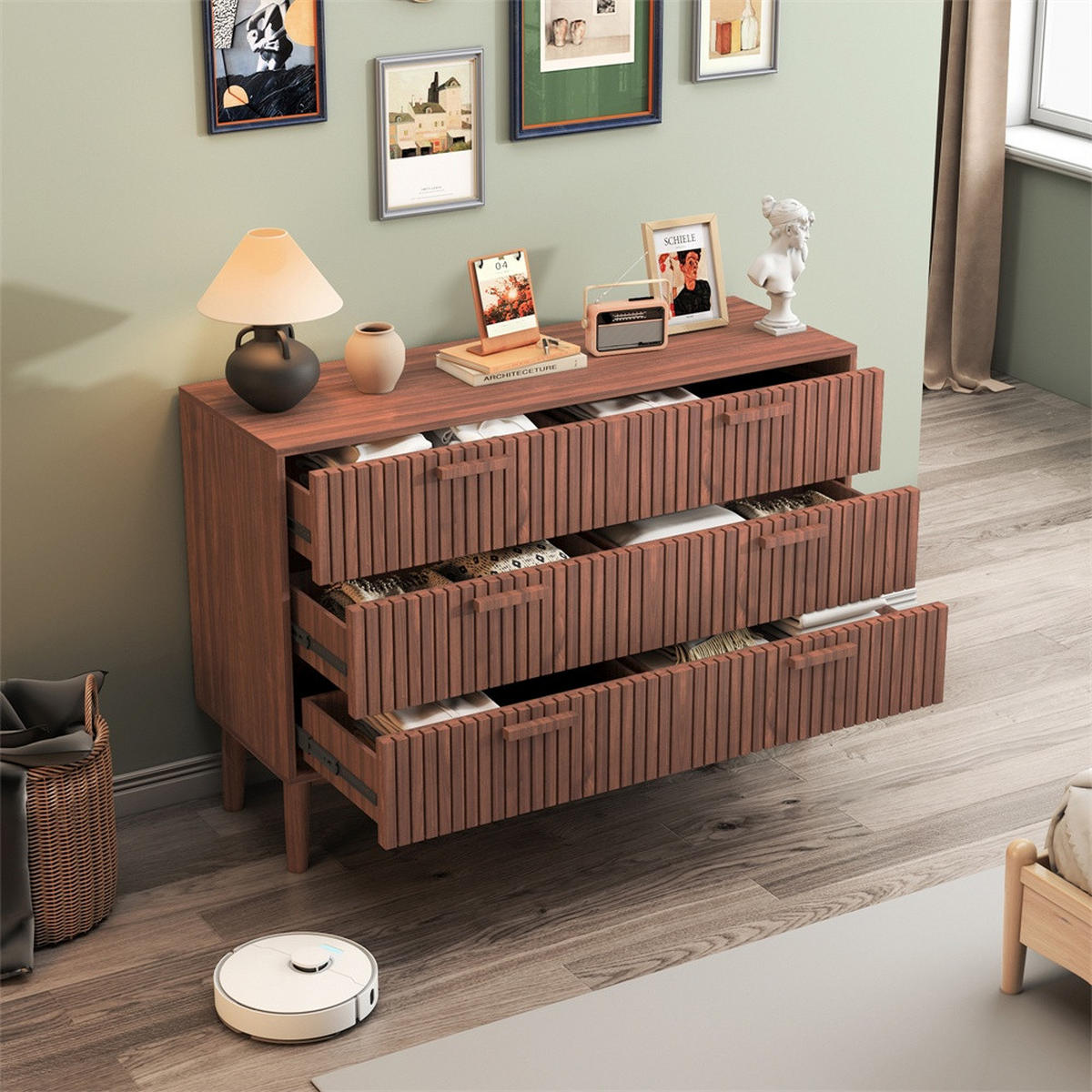 KOMMODE mit 6 Schubladen - gerillte Fronten und konische Beine - für Wohnzimmer und Schlafzimmer - Walnuss-Optik - Walnussfarben, Holzwerkstoff (100/73/34cm) - DELFA