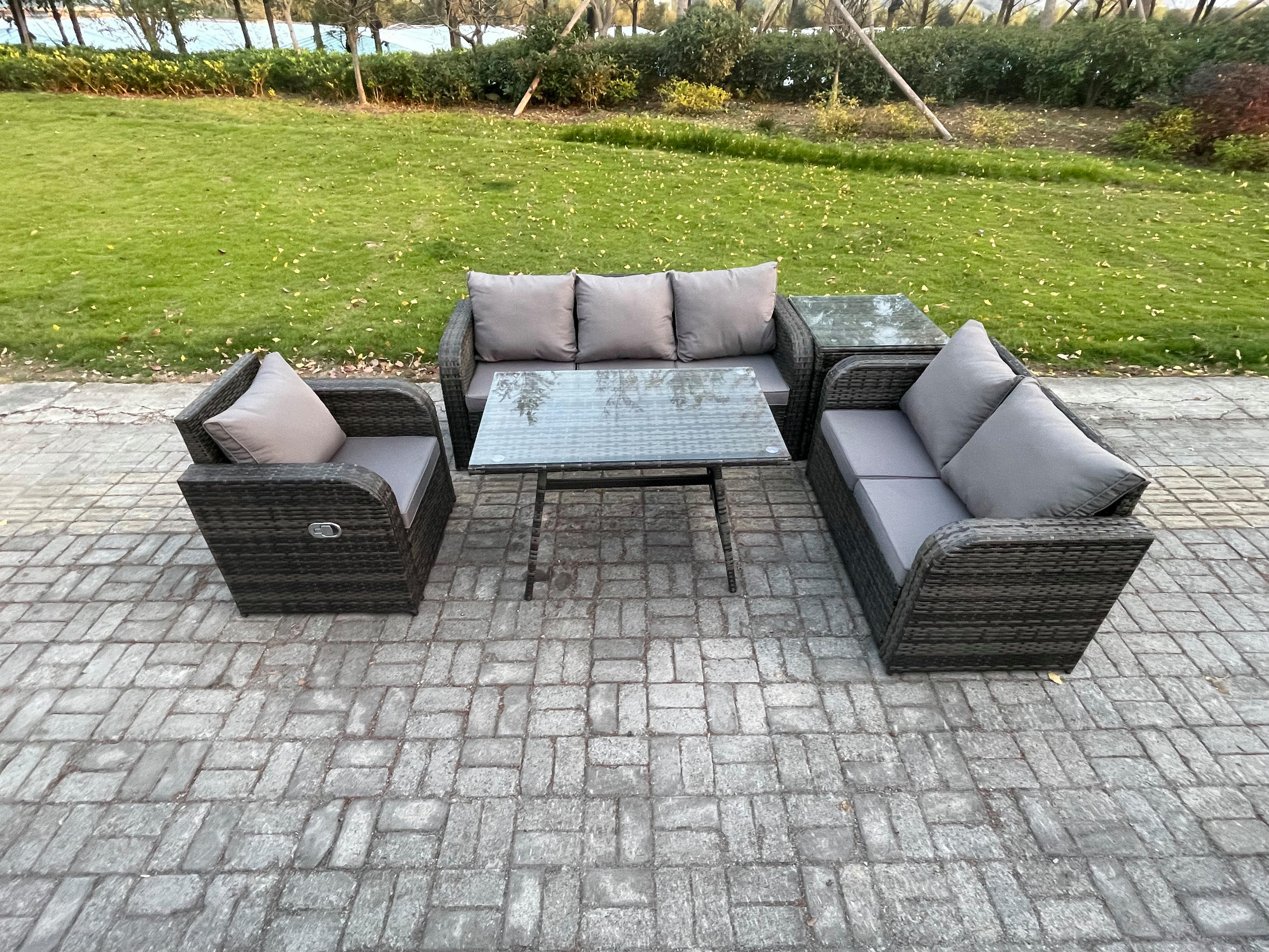 GARTENMÖBEL SET Polyrattan Dunkelgrau 6-Sitzer - Dunkelgrau/Grau, Glas/Kunststoff - Fimous