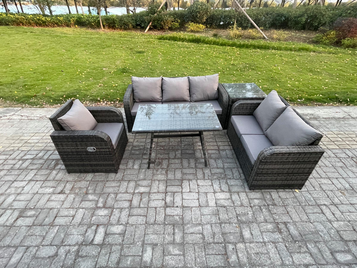 GARTENMÖBEL SET Polyrattan Dunkelgrau 6-Sitzer - Dunkelgrau/Grau, Glas/Kunststoff - Fimous