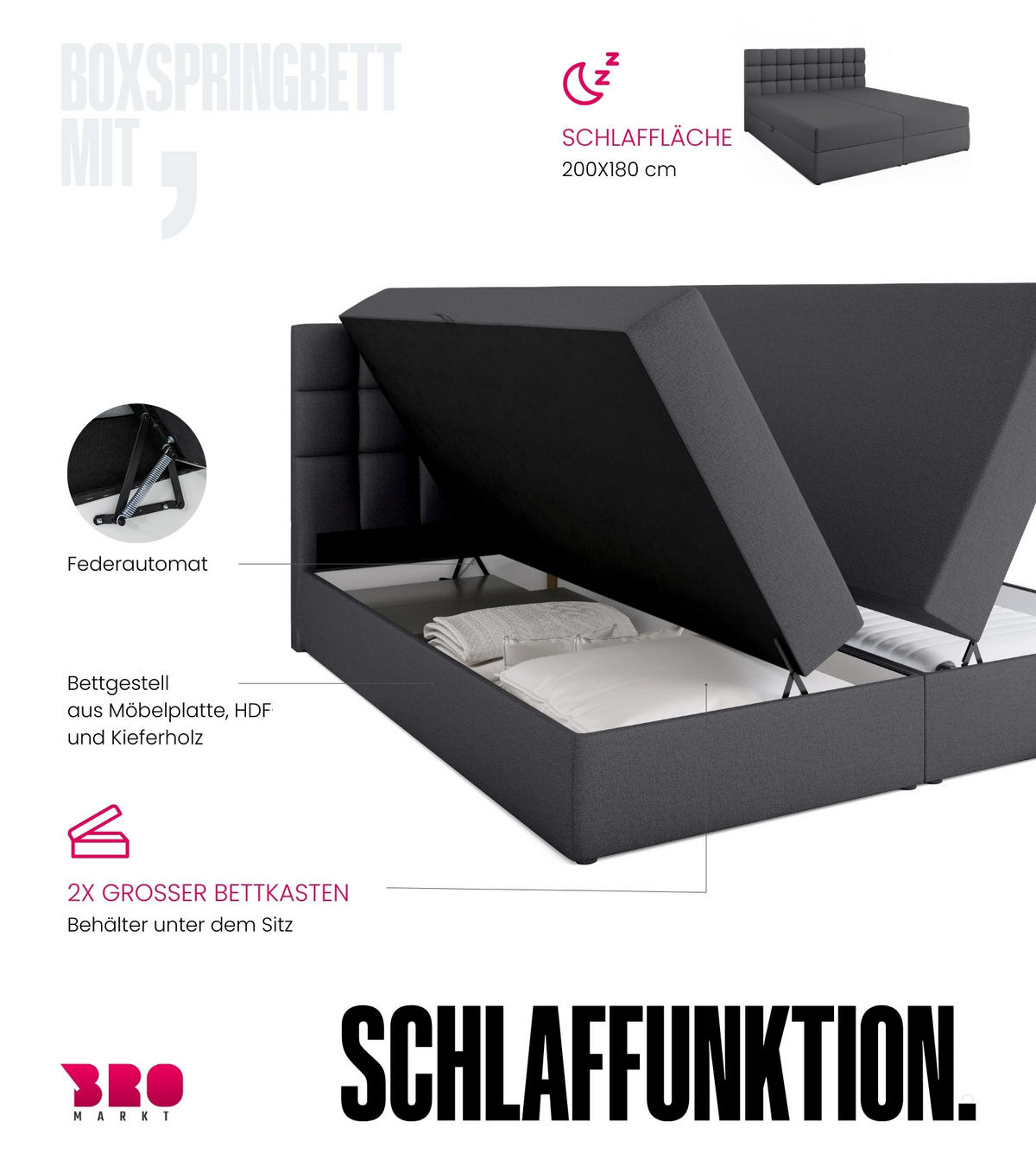 BOXBETT Dakota mit Topper 180/200 Dunkelgrau - Dunkelgrau, Textil (180/200cm) - Bromarkt