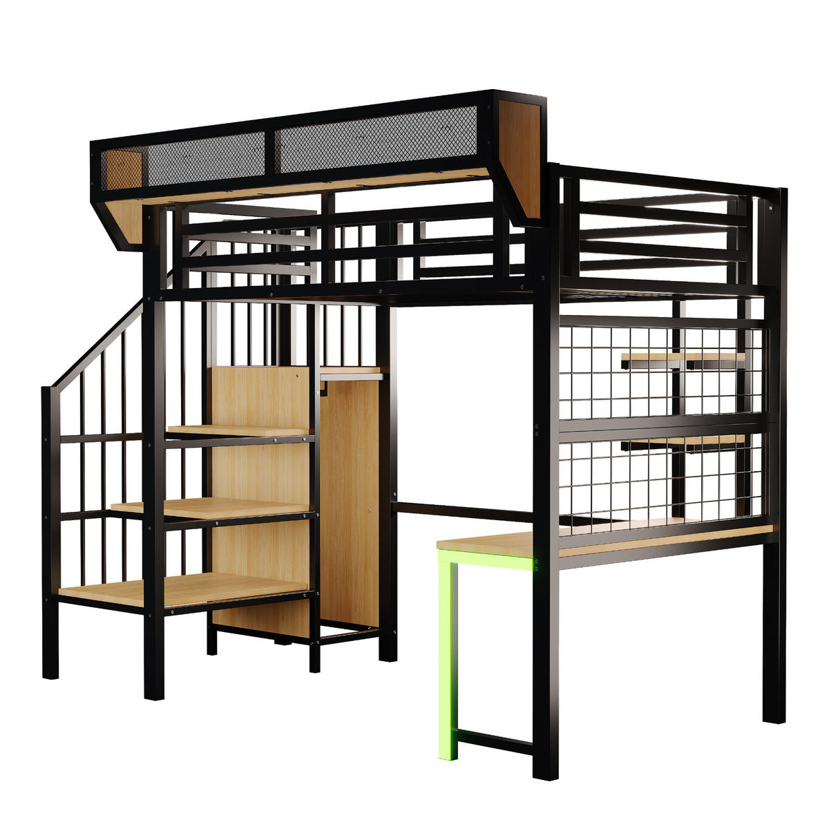 HOCHBETT 90/200 cm DE-01537, in Schwarz, mit Schreibtisch, LED-Beleuchtung und Steckdose - Schwarz, Metall (90/200cm) - ComfortXL