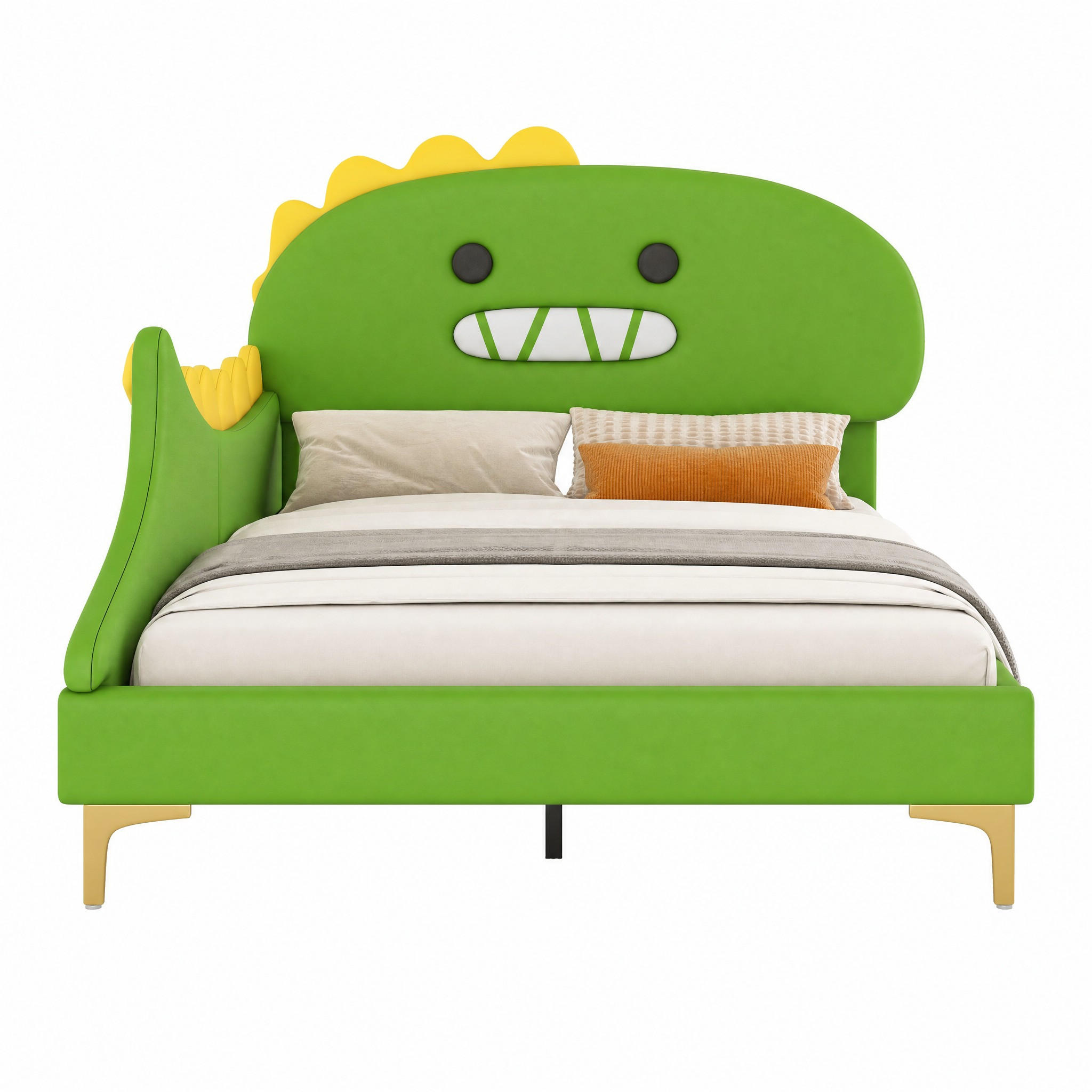 KINDERBETT Cartoon-Dinosaurier 140x200 cm PU Grün - Grün, Holz (140/200cm) - Meubliv