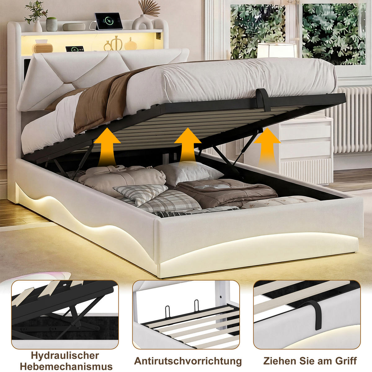 POLSTERBETT 90x200 cm mit Bettkasten, hydraulischer Stauraum, LED, USB & Type-C, Kopfteil mit Ablage und Lattenrost, Beige - Beige, Metall (90/200cm) - EuroLiving