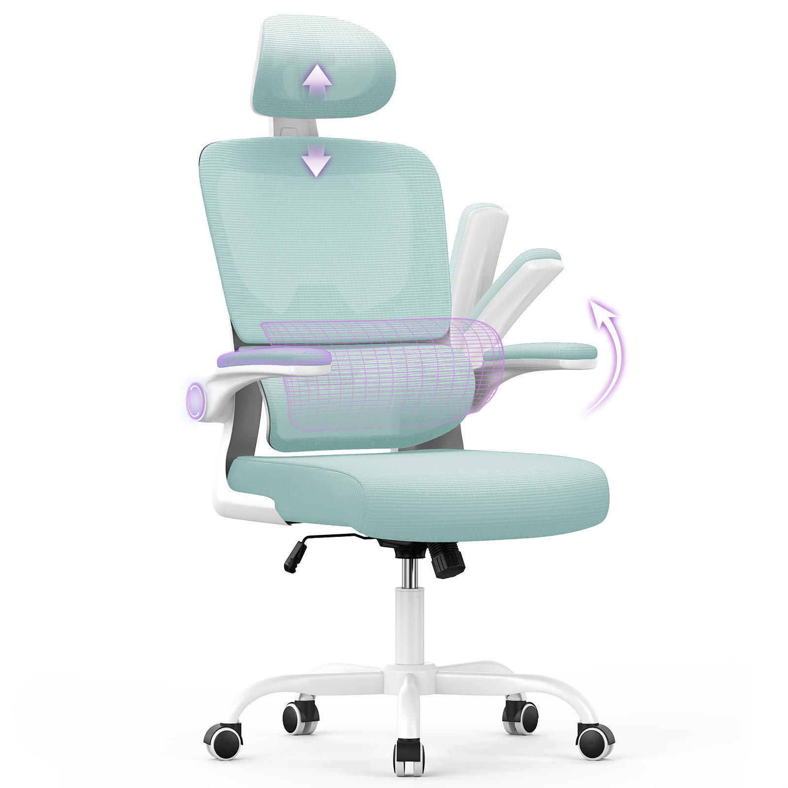 BÜROSTUHL Weiß-Grün ergonomisch mit klappbaren Armlehnen - Grün, Metall (25/52.5/65cm) - Rattrix