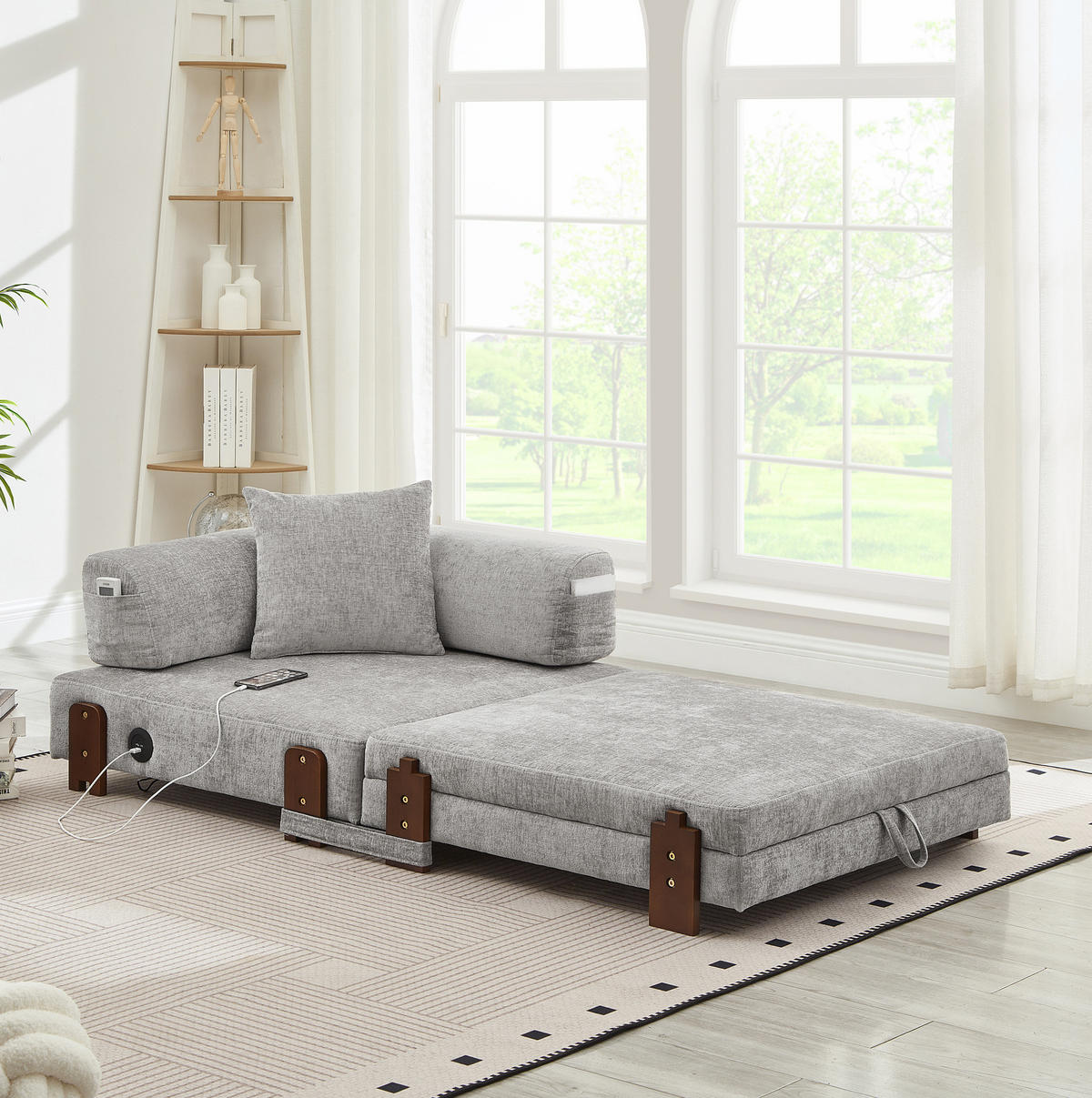 SCHLAFSOFA aus Stoff Hellgrau mit USB-, Type-C-Anschluss, Stauraum und Schlaffunktion - Hellgrau, Textil (84/48/170.5cm) - Modfu