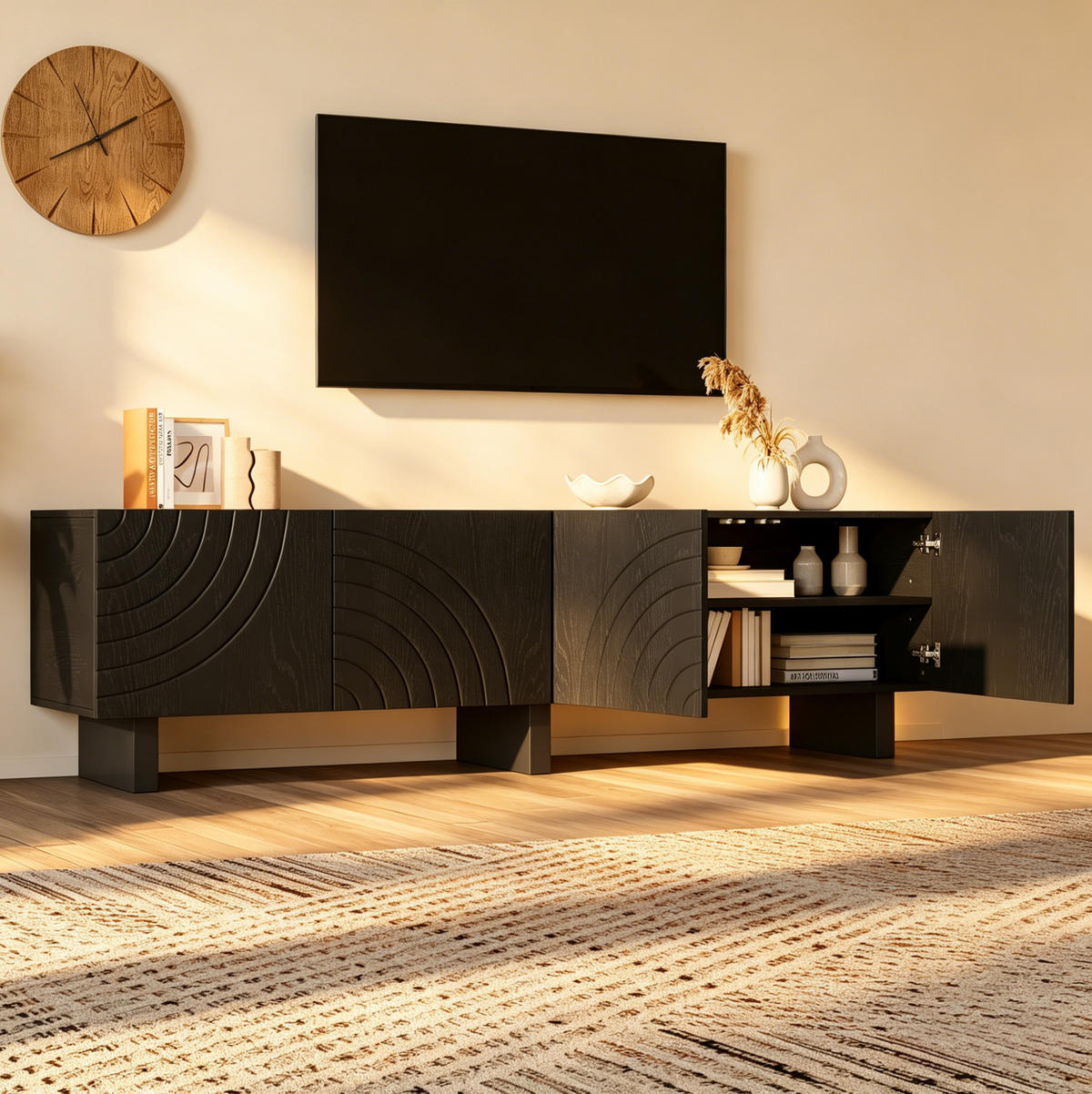 TV-LOWBOARD 180/40/55 cm schwarz aus Spanplatte mit 4 Türen - Schwarz, Holzwerkstoff (180/55/40cm) - OKWISH