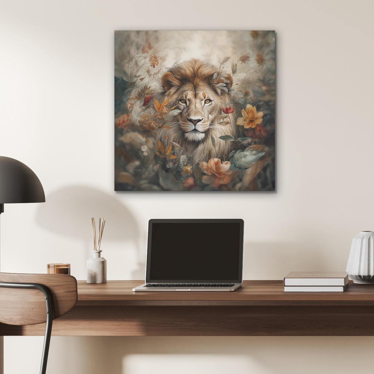 AKUSTIKBILD Löwe - Wildtiere - Pflanzen - Natur - Blumen Wandbilder 60x60 cm - Beige, Kunststoff (60/60/0.9cm) - MuchoWow