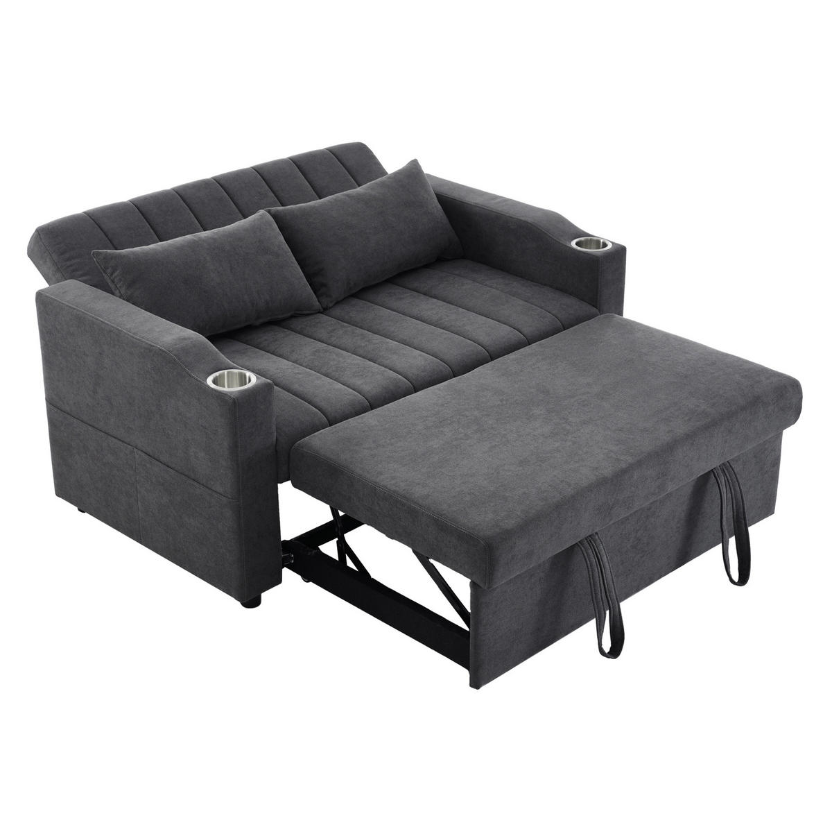 SCHLAFSOFA aus Baumwoll-Leinenstoff 136x162x84 cm Grau mit verstellbarer Rückenlehne, Getränkehaltern und Seitentaschen - Grau, Textil (162/84/136cm) - Modfu