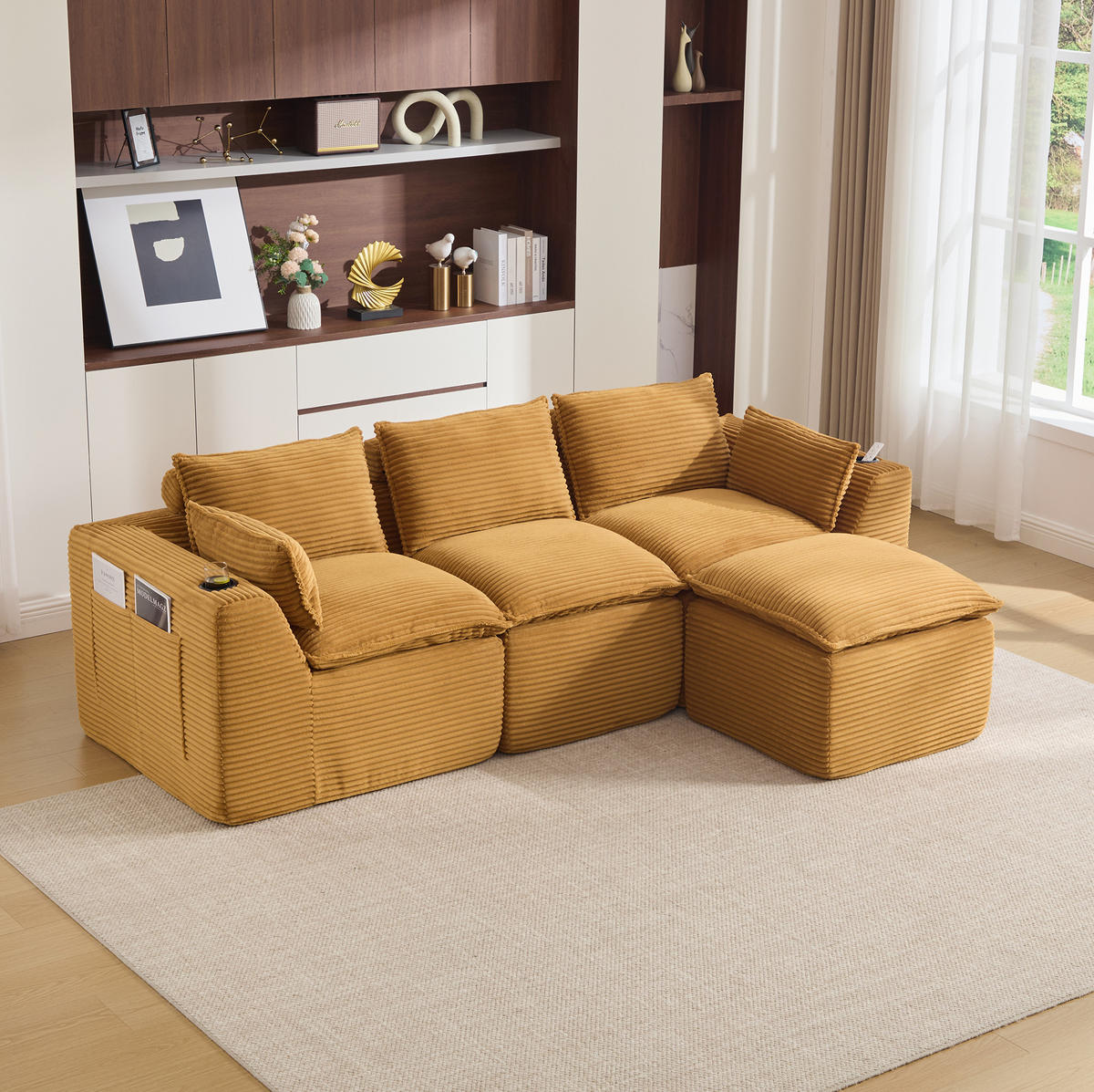 ECKSOFA 256/161/75 cm Orange aus Cord mit Kissen und Seitentaschen - Orange, Textil (161/256cm) - OKWISH